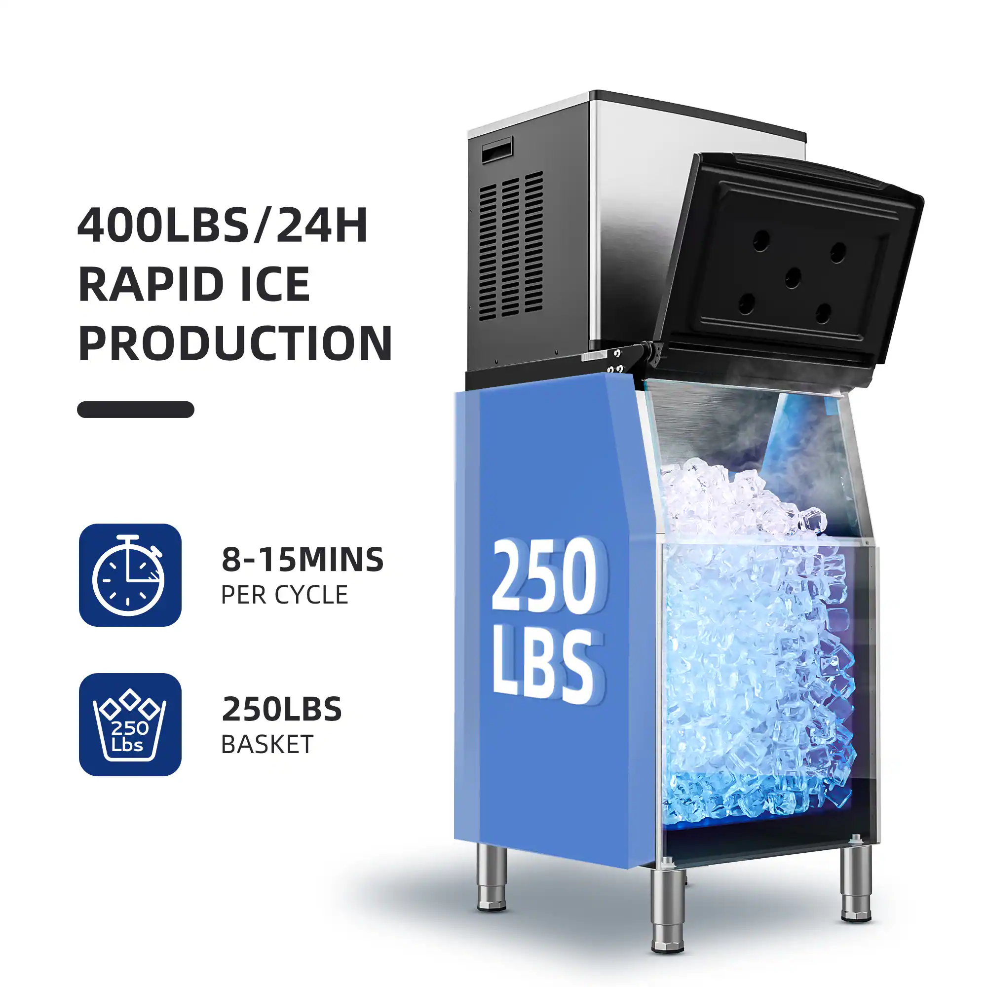 400LBS/24H RAPID ICE PRODUCTION

8-15MINS PER CYCLE

250LBS BASKET

250 LBS