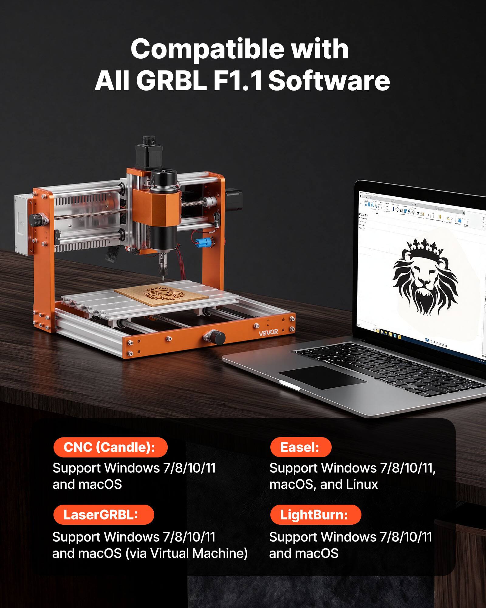 Compatible with All GRBL F1.1 Software

2017
VEVOR

CNC (Candle): Support Windows 7/8/10/11 and macOS
Easel: Support Windows 7/8/10/11, macOS, and Linux
LaserGRBL: Support Windows 7/8/10/11 and macOS (via Virtual Machine)
LightBurn: Support Windows 7/8/10/11 and macOS