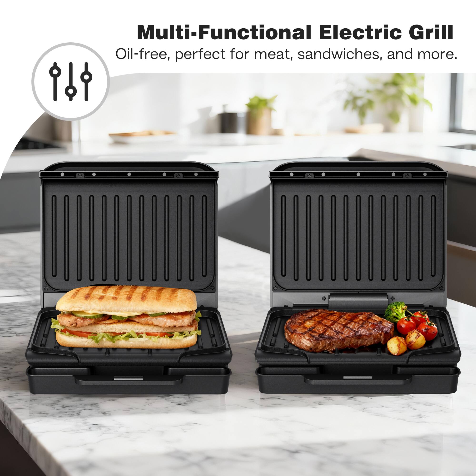 Multi-Functional Electric Grill  
Oil-free, perfect for meat, sandwiches, and more.