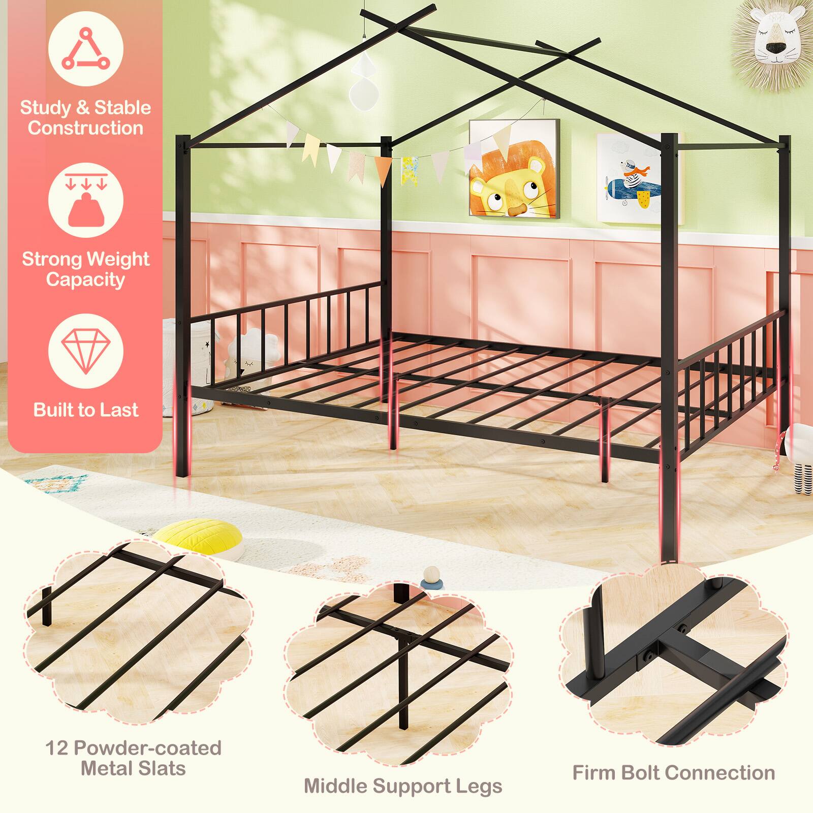 - Study & Stable Construction
- Strong Weight Capacity
- Built to Last

- 12 Powder-coated Metal Slats
- Middle Support Legs
- Firm Bolt Connection