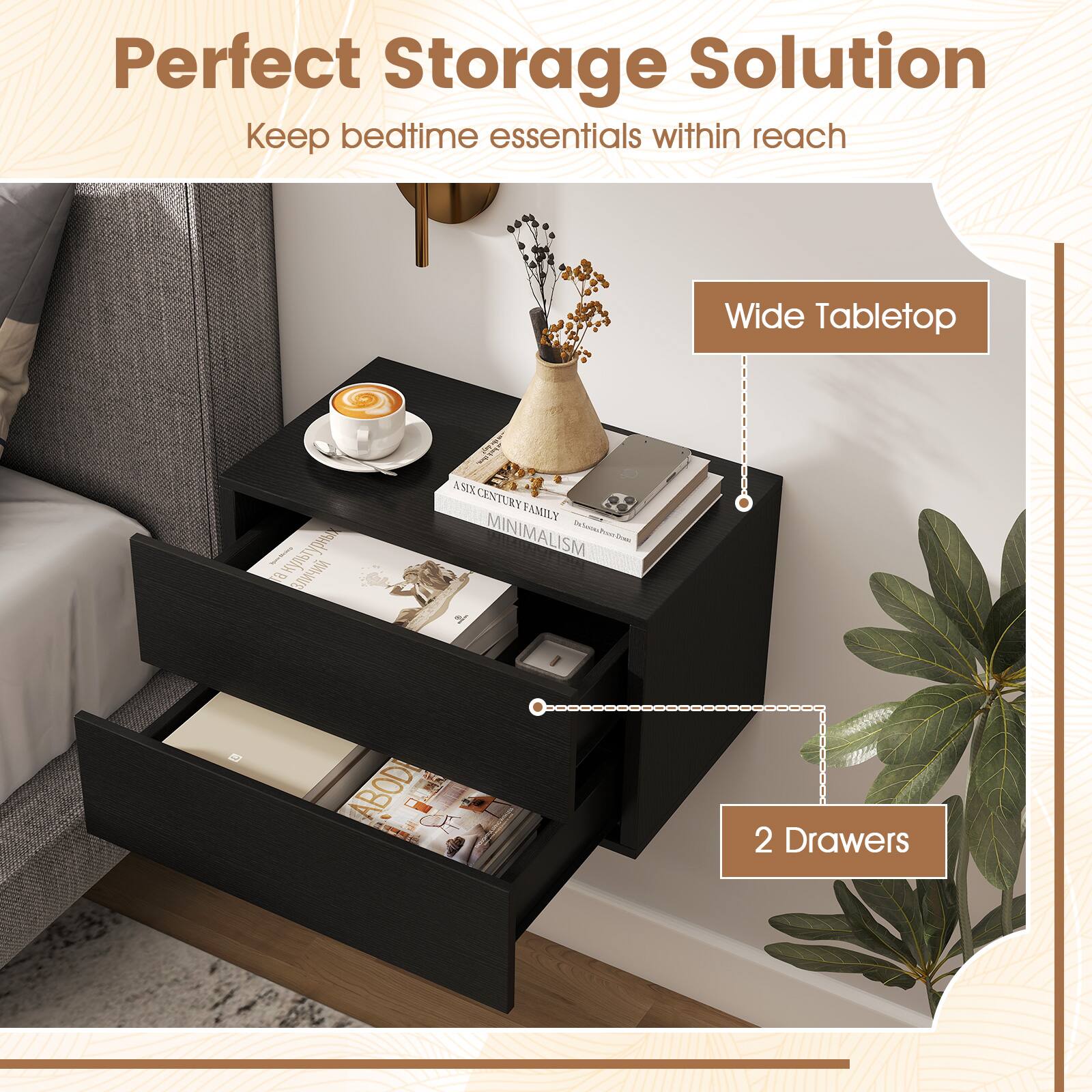 Perfect Storage Solution  
Keep bedtime essentials within reach  
Wide Tabletop  
8.5 ASIX AMECENTURY FAMILY MINIMALISM AL SM - ABODI  
2 Drawers