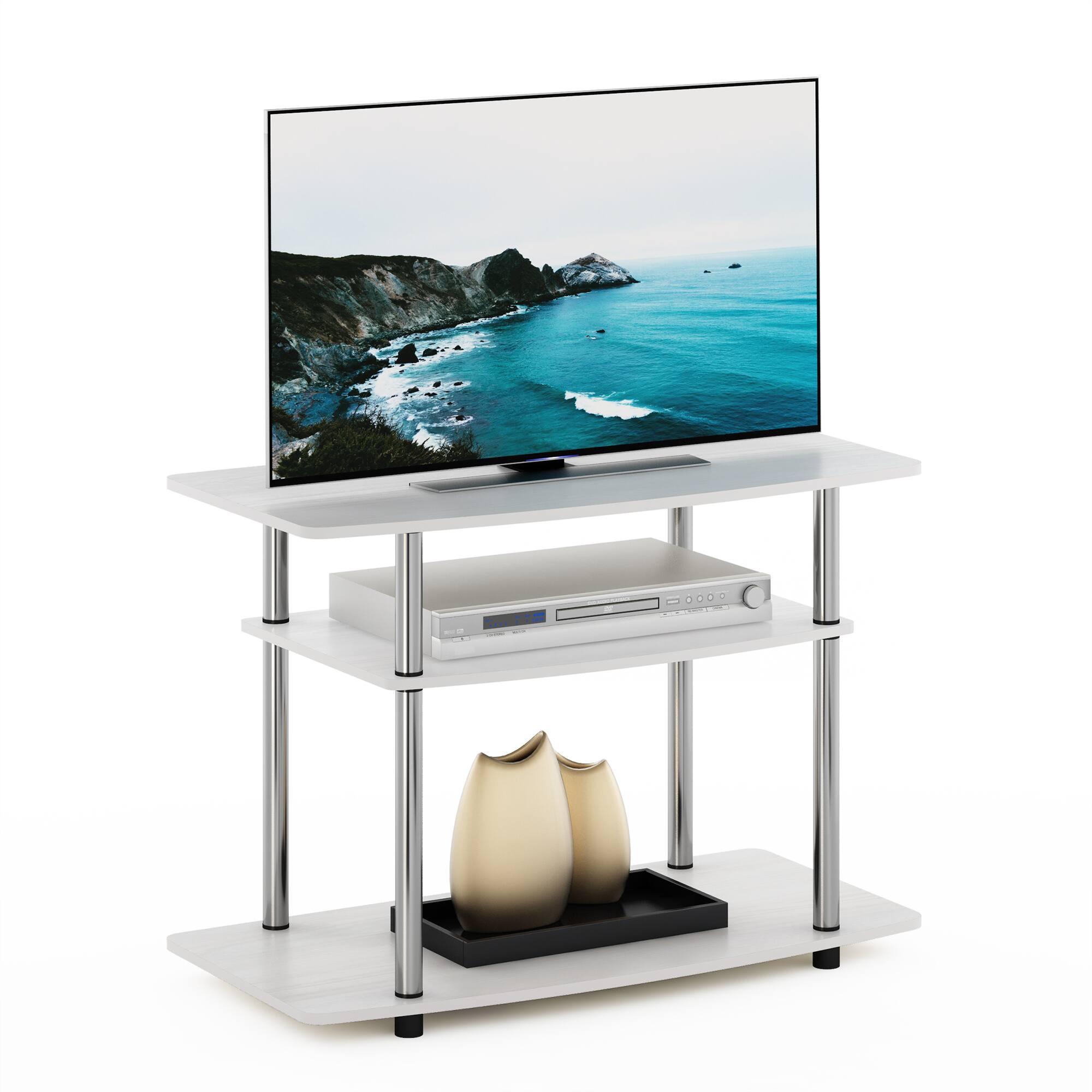 Alt View 3. Furinno - Turn-N-Tube No Tools 3-Tier TV Stands - White Oak/Stainless Steel.