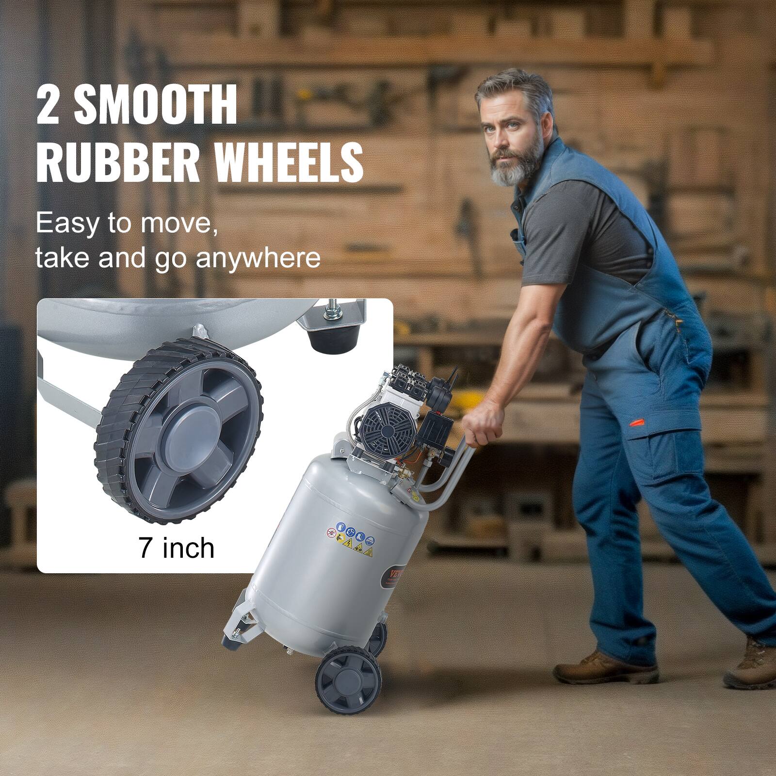 2 SMOOTH RUBBER WHEELS  
Easy to move, take and go anywhere  
7 inch