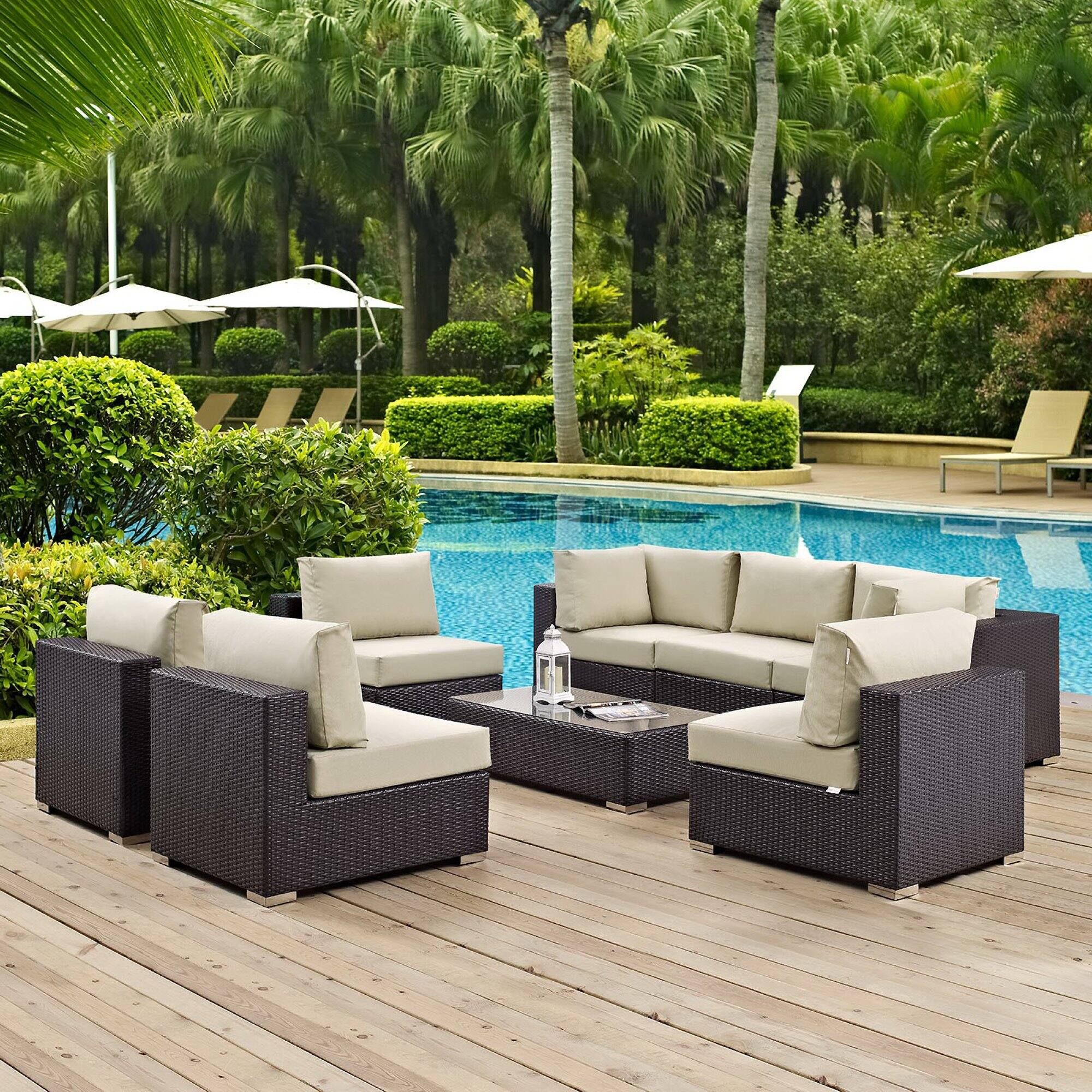 Alt View 4. Modway - Convene 8-Piece Outdoor Patio Sectional Set - Cushioned Modular Seating with Armrests - Espresso Beige.