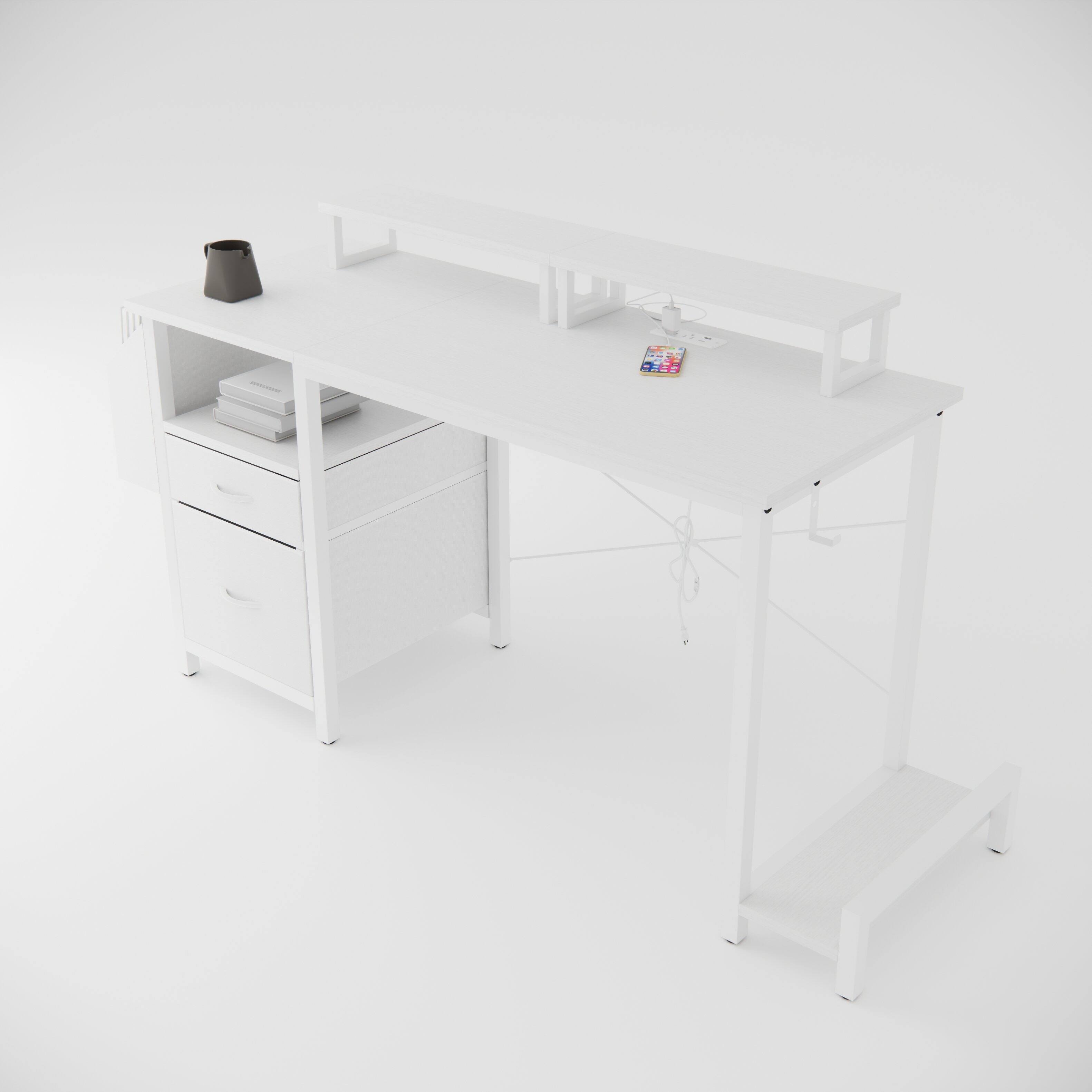 Alt View 6. Tiramisubest - 47" Computer Desk with 2 Fabric Drawers & Outlets,Office Desk with 2 Monitor Stands,Side Pocket,Shelves & Hooks,White - White.