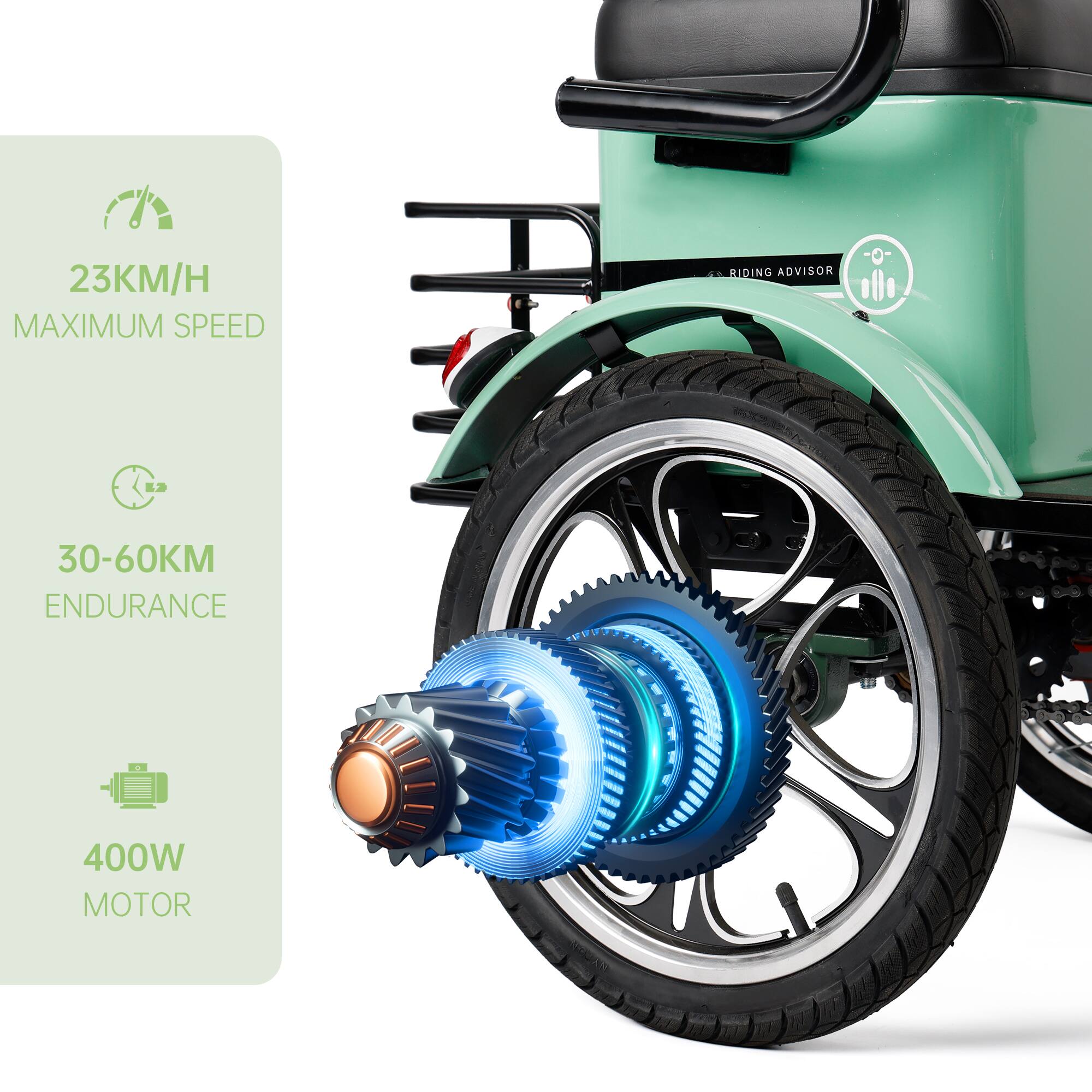 23KM/H MAXIMUM SPEED
30-60KM ENDURANCE
400W MOTOR