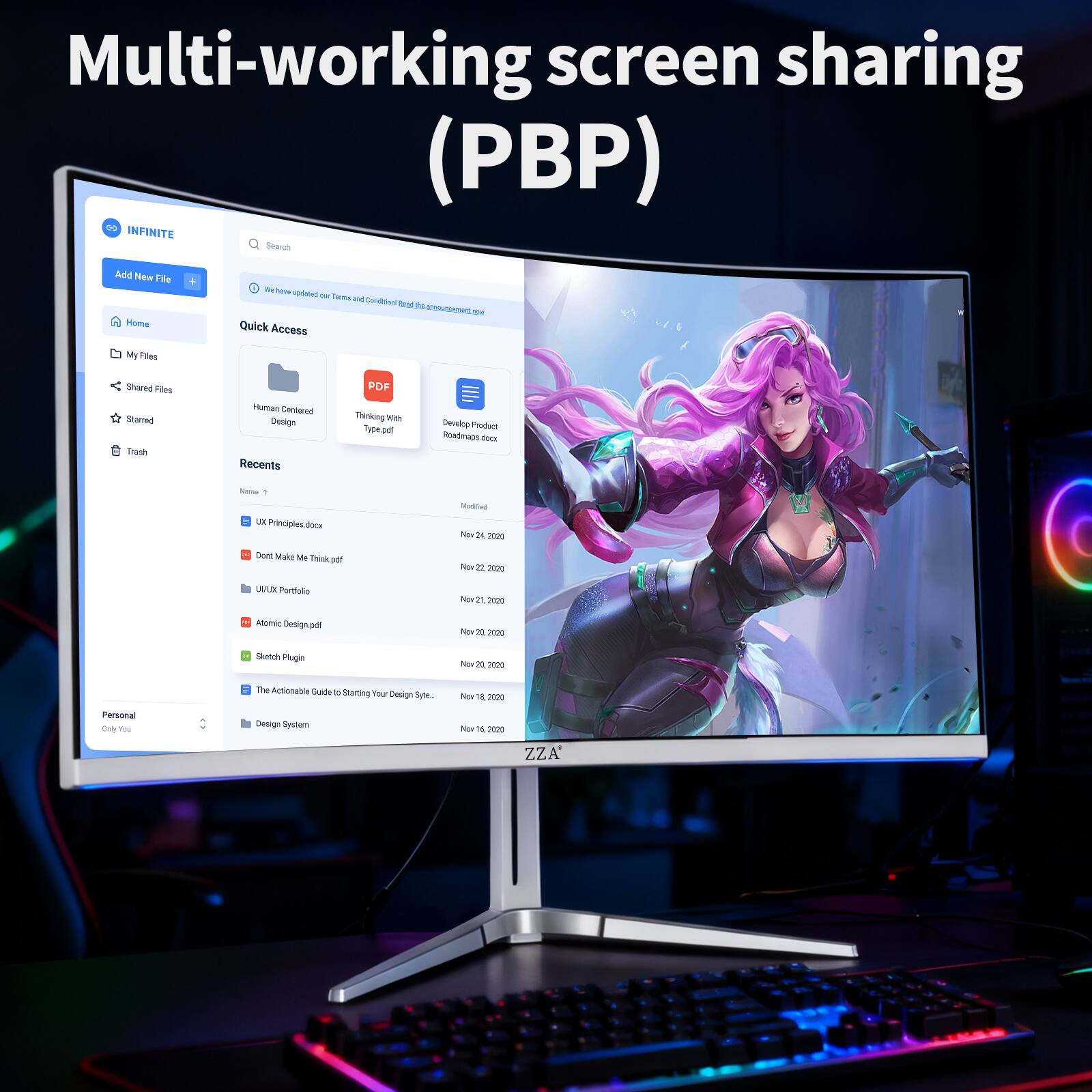Multi-working screen sharing (PBP)  
INFINITE Search  
Add New File  
Home  
M here updated our Terms & Condition Read be announcements  
Quick Access  
My Files  
Shared Files  
Starred  
Trash  
Human Centered Design  
Recents  
PDF Thinking With Type.pdf  
Develop Product Roadmaps.doc  
Name 1  
LOC Principles.doc  
Modified Nov 24 2020  
Dont Make Me Think.pdf  
Nov 22 2020  
UIUX Portfolio  
Nov 21, 2020  
Atomic Design.pdf  
Nov 21 2020  
Sketch Plugin  
Nov 20 2020  
The Actionable Guide to Starting Your Design Style  
Nov 8 2020  
Personal Only You  
Design System  
Nov 14 2020