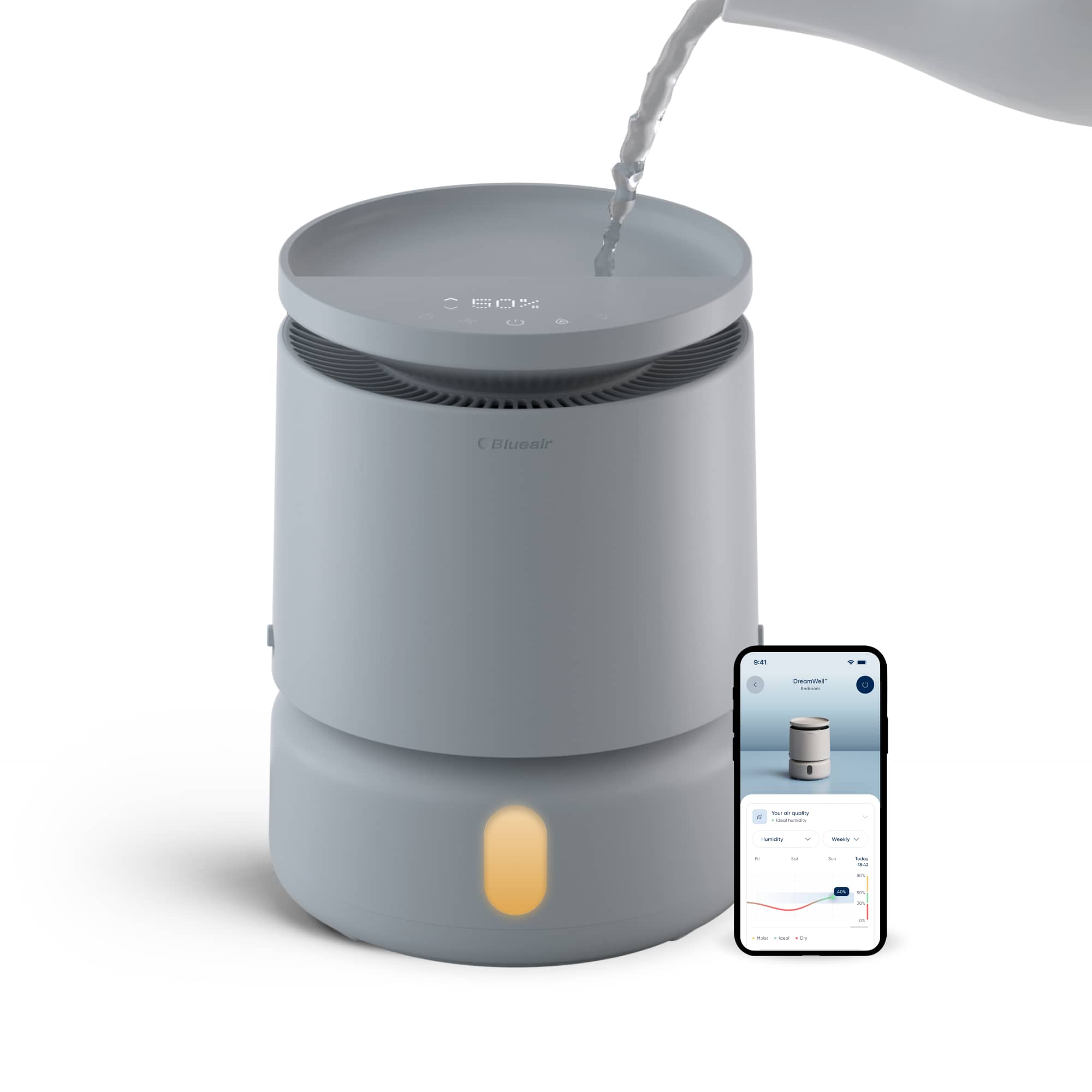 Blueair - Smart Dreamwell Evaporative Humidifier, 1-Gallon Tank, Mist & Mold Free, 596 sq ft, Grey - Gray