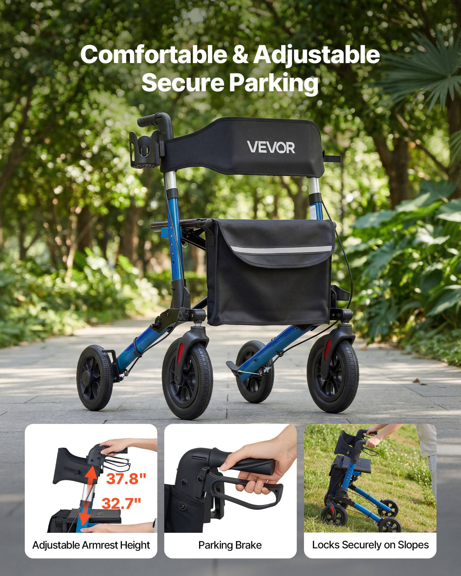 Comfortable & Adjustable Secure Parking

VEVOR

37.8" Adjustable Armrest Height  
32.7" Parking Brake  
Locks Securely on Slopes