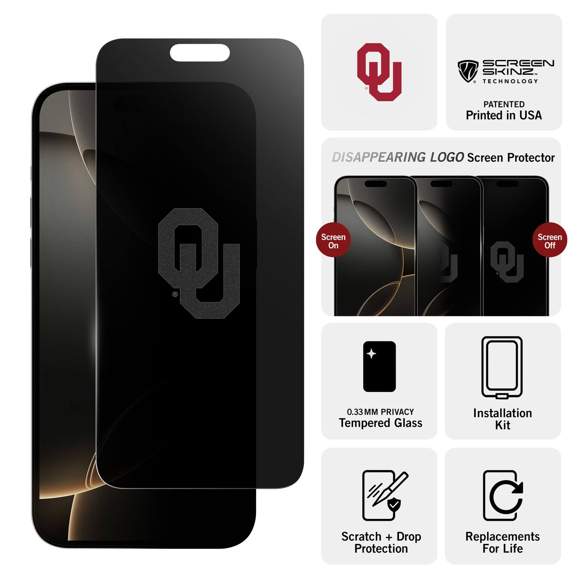 SCREEN SKINZ TECHNOLOGY  
PATENTED Printed in USA  

DISAPPEARING LOGO Screen Protector  
Screen On / Screen Off  

0.33MM PRIVACY Tempered Glass  
Installation Kit  
Scratch + Drop Protection  
Replacements For Life