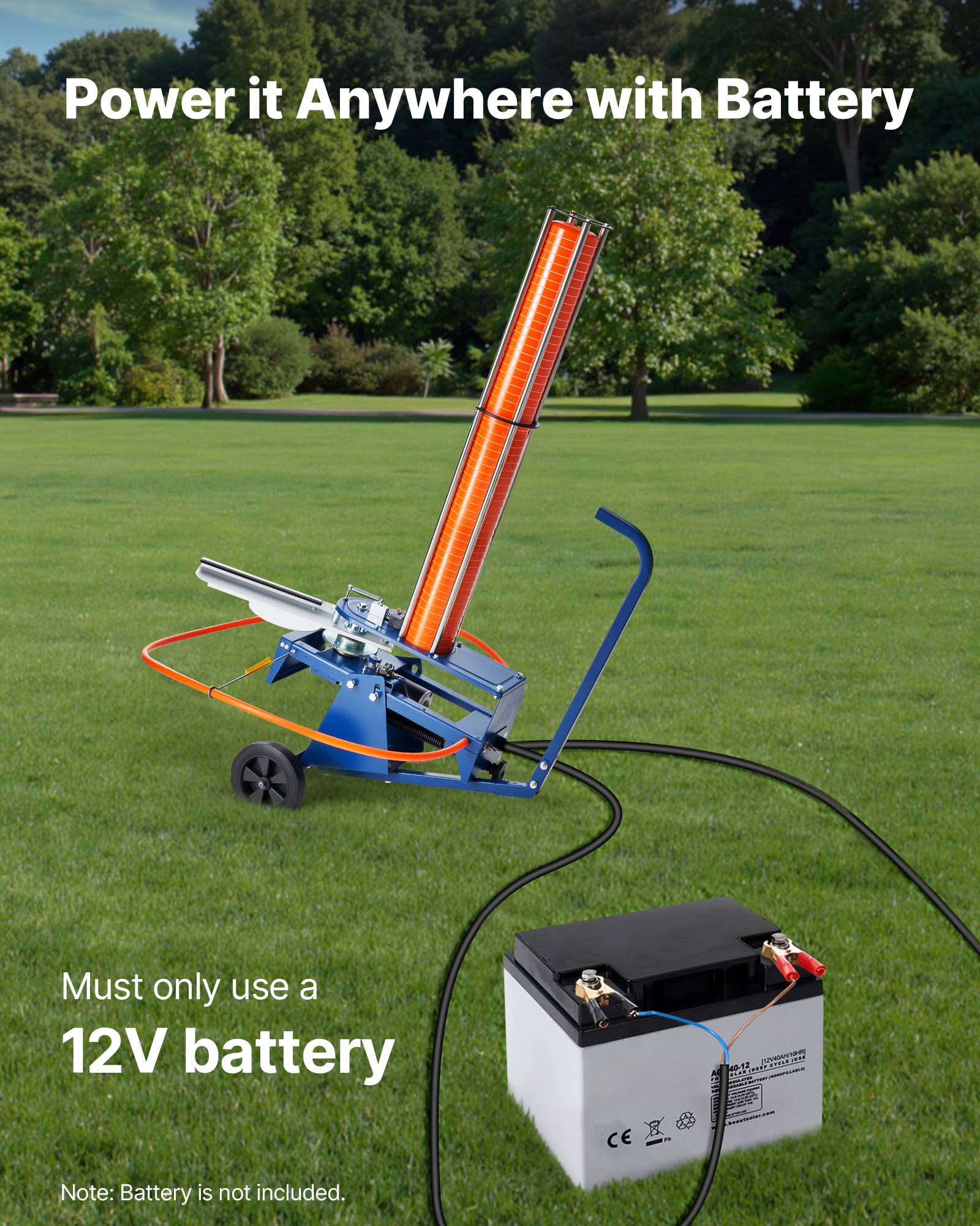 Power it Anywhere with Battery

Must only use a 12V battery

Note: Battery is not included.