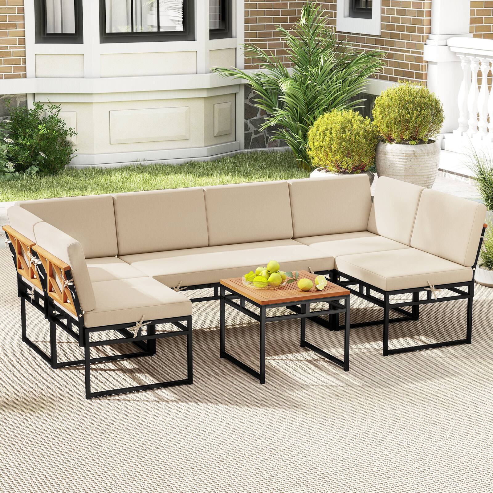 Alt View 1. Costway - Costway 6 PCS Outdoor Sectional Sofa Set Metal Conversation Set with Bungee Rope Seat - Beige.