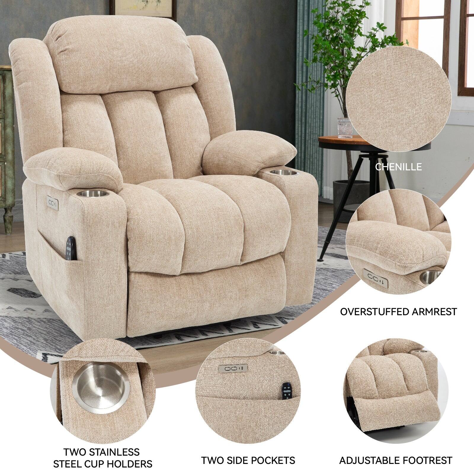 - Chenille
- Overstuffed Armrest
- Two Stainless Steel Cup Holders
- Two Side Pockets
- Adjustable Footrest