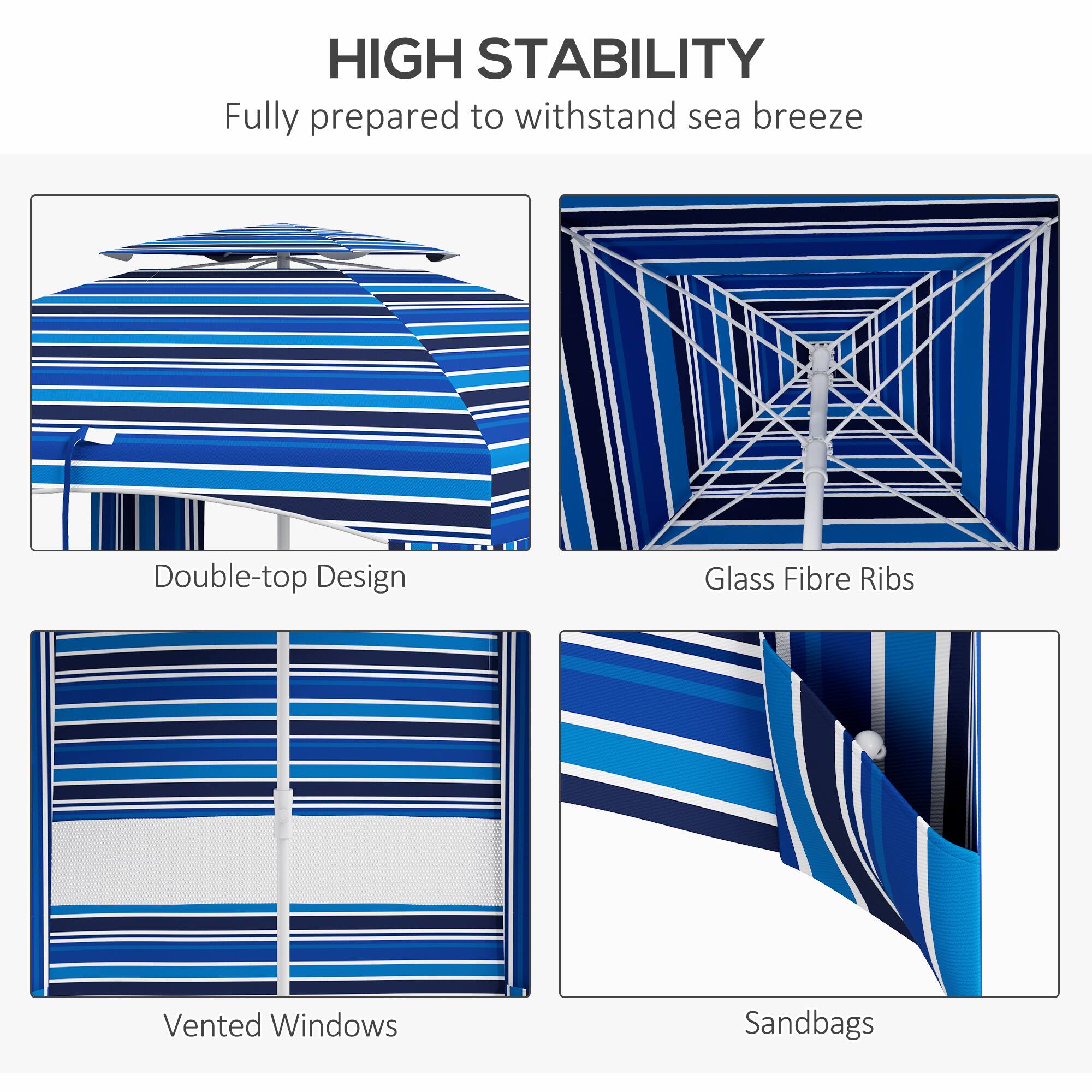HIGH STABILITY
Fully prepared to withstand sea breeze
Double-top Design
Glass Fibre Ribs
Vented Windows
Sandbags