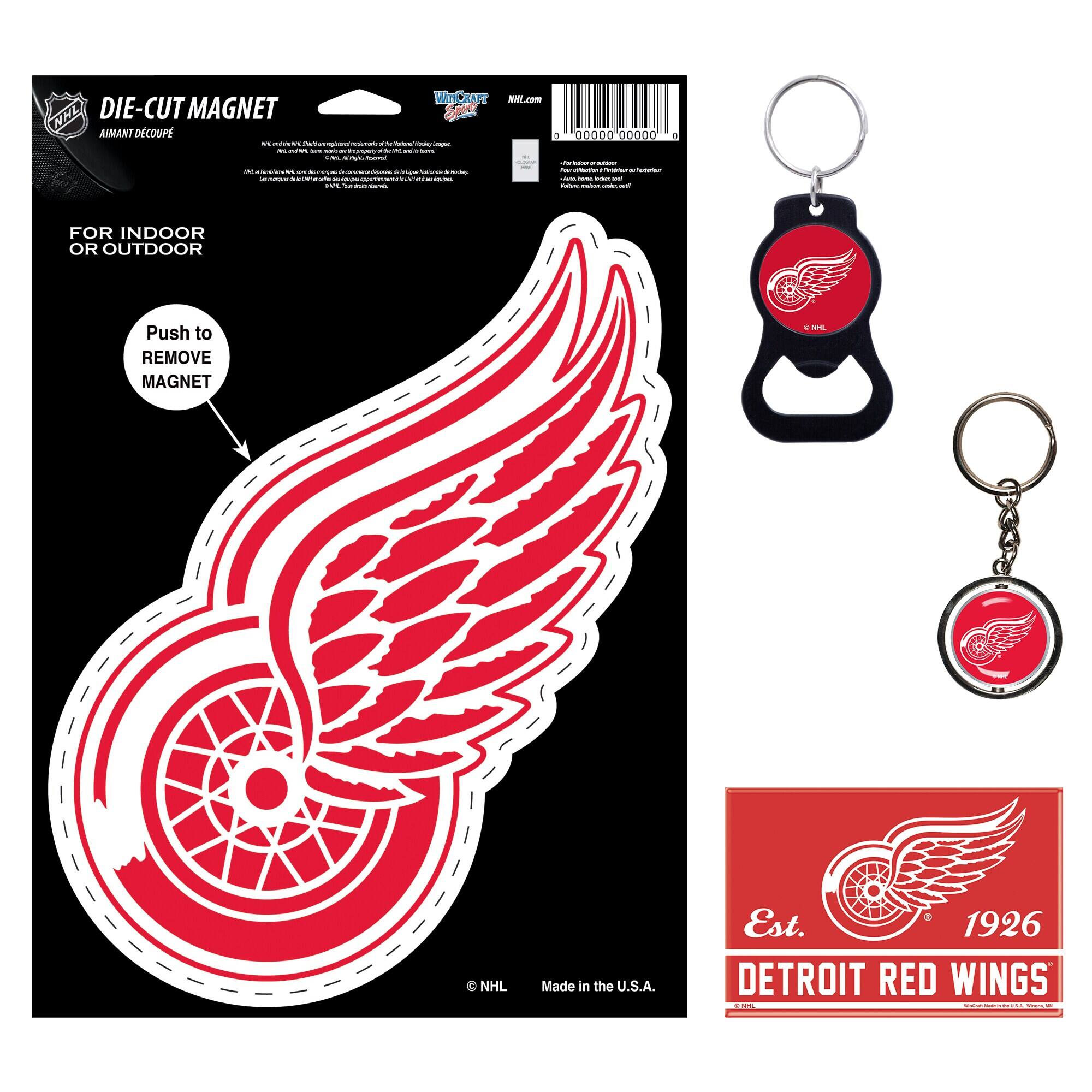 **Front of the Package:**

- **Top Left Corner:**
  - NHL Logo
  - NHL.com

- **Top Center:**
  - DIE-CUT MAGNET
  - AIMANT DECOUPÉ

- **Top Right Corner:**
  - WinCraft
  - NHL.com

- **Middle Left:**
  - FOR INDOOR OR OUTDOOR

- **Middle Center:**
  - Push to REMOVE MAGNET

- **Bottom Left:**
  - © NHL
  - Made in the U.S.A.

- **Bottom Right:**
  - Est. 1926
  - DETROIT RED WINGS

**Back of the Package:**

- **Top Left:**
  - NHL and NHL.com logos
  - "NHL and the NHL logo are registered trademarks of the National Hockey League. © NHL. All Rights Reserved."

- **Top Right:**
  - "NHL and the NHL logo are registered trademarks of the National Hockey League. © NHL. All Rights Reserved."

- **Middle:**
  - "FOR INDOOR OR OUTDOOR"

- **Bottom:**
  - "Made in the U.S.A."

**Keychain:**

- NHL