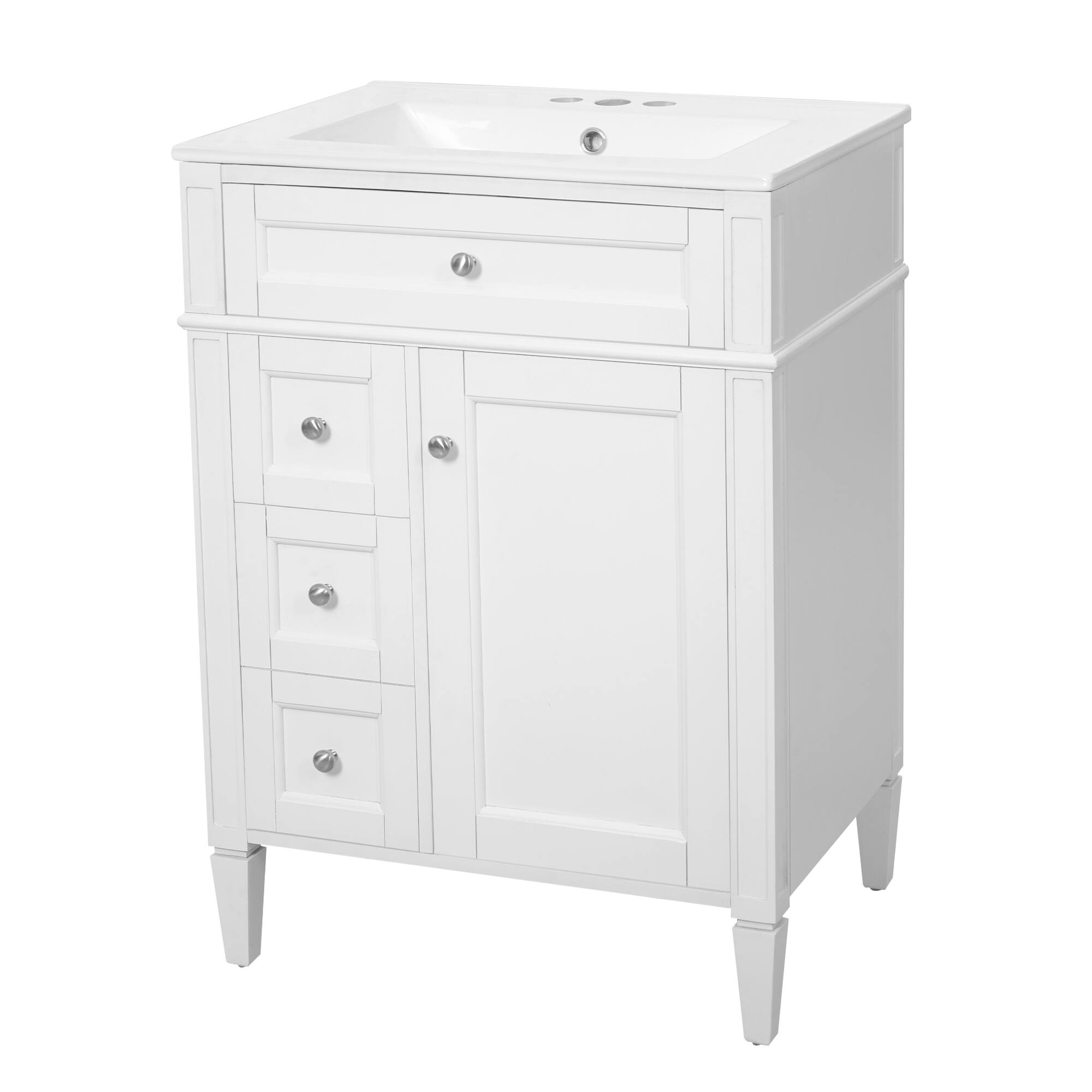 Left. Whisen - 24" Bathroom Vanity with Ceramic Sink Top and 3 Drawers Modern Single Sink Storage Cabinet - White.
