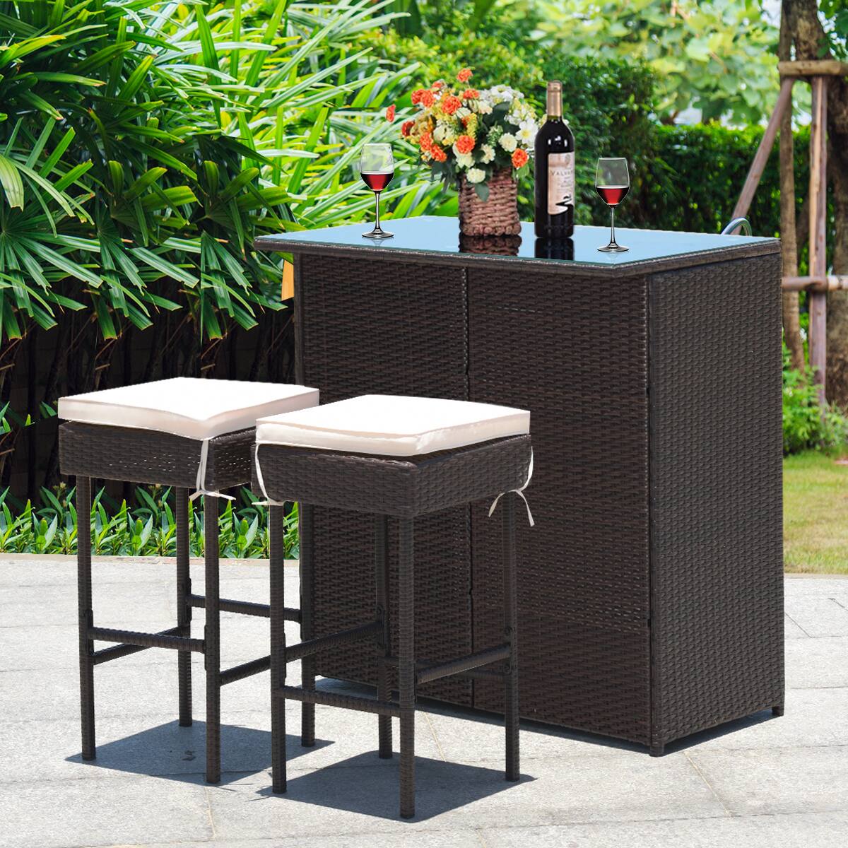 Alt View 3. Costway - 3PCS Patio Rattan Wicker Bar Table Stools Dining Set Cushioned Chairs Garden - Mixed Brown/White.