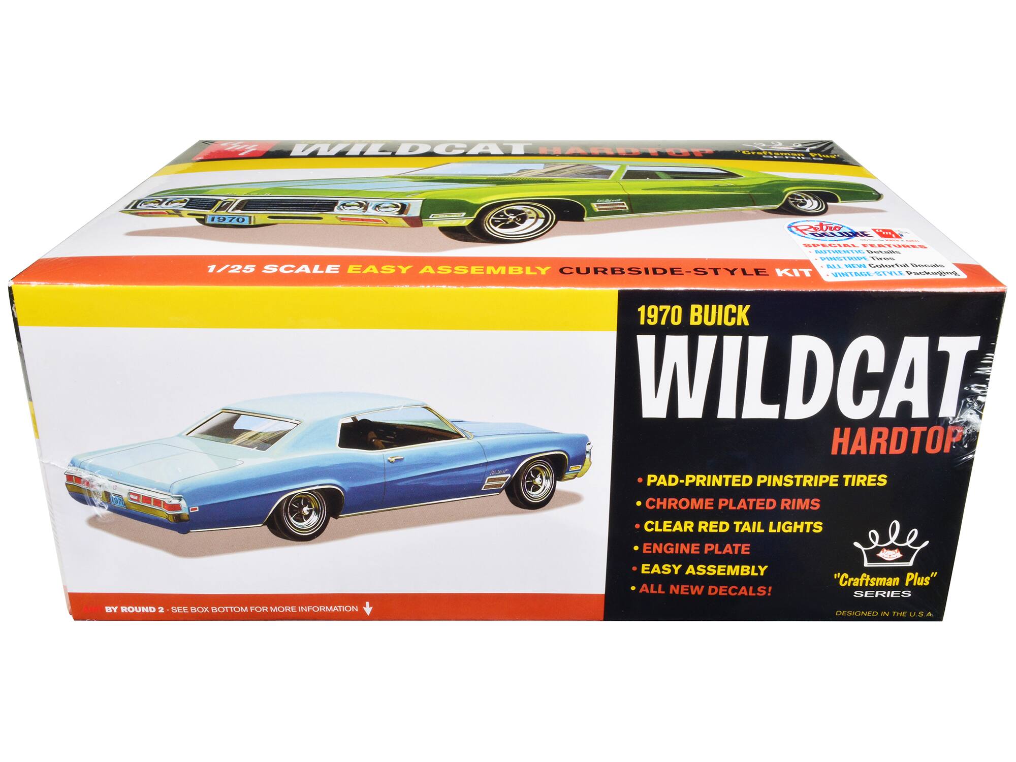 WILDCAT HARDTOP 1970 BUICK  
1/25 SCALE EASY ASSEMBLY CURBSIDE-STYLE KIT  
PAD-PRINTED PINSTRIPE TIRES  
CHROME PLATED RIMS  
CLEAR RED TAIL LIGHTS  
ENGINE PLATE  
EASY ASSEMBLY  
"Craftsman Plus" ALL NEW DECALS!  
SPECIAL FEATURES:  
- PAD-PRINTED PINSTRIPE TIRES  
- CHROME PLATED RIMS  
- CLEAR RED TAIL LIGHTS  
- ENGINE PLATE  
- EASY ASSEMBLY  
- ALL NEW DECALS!  
BY ROUND 2. SEE BOX BOTTOM FOR MORE INFORMATION  
DESIGNED IN THE U.S.A