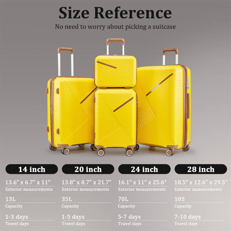 Size Reference  
No need to worry about picking a suitcase

14 inch  
13.6" x 6.7" x 11"  
Exterior measurements  
13L Capacity  
1-3 days Travel days

20 inch  
13.8" x 8.7" x 21.7"  
Exterior measurements  
35L Capacity  
1-5 days Travel days

24 inch  
16.1" x 11" x 25.6"  
Exterior measurements  
70L Capacity  
5-7 days Travel days

28 inch  
18.5" x 12.6" x 29.5"  
Exterior measurements  
105 Capacity  
7-10 days Travel days