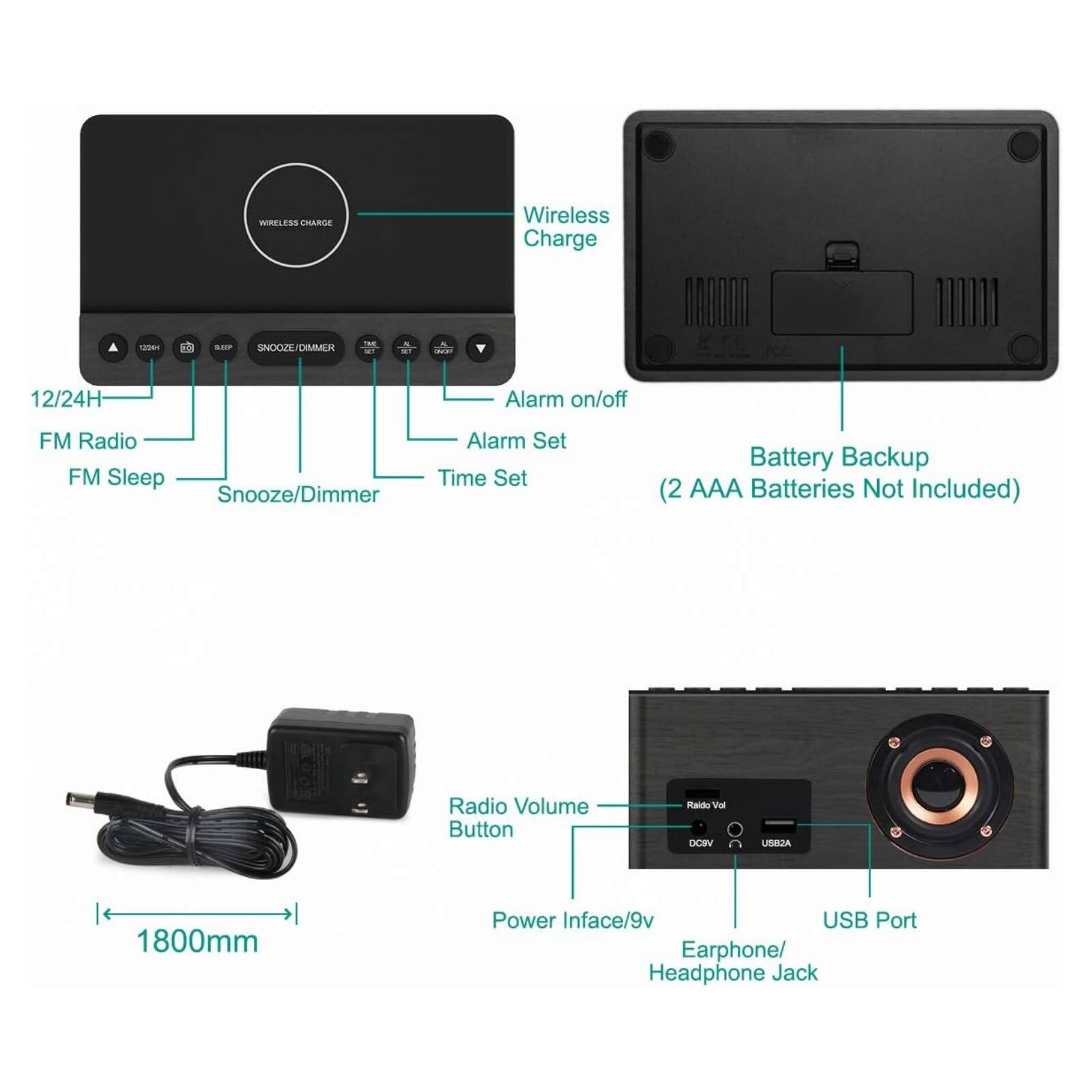 WIRELESS GARSE Wireless Charge A 2

- Wireless Charge
- 12/24H
- FM Radio
- FM Sleep
- Alarm on/off
- Alarm Set
- Snooze/Dimmer
- Time Set
- Radio Volume Button
- Power Inface/9v
- USB Port
- Earphone/ Headphone Jack
- Battery Backup (2 AAA Batteries Not Included)
- Radio Volume
- DC/5V
- USB2.0A
- 1800mm
