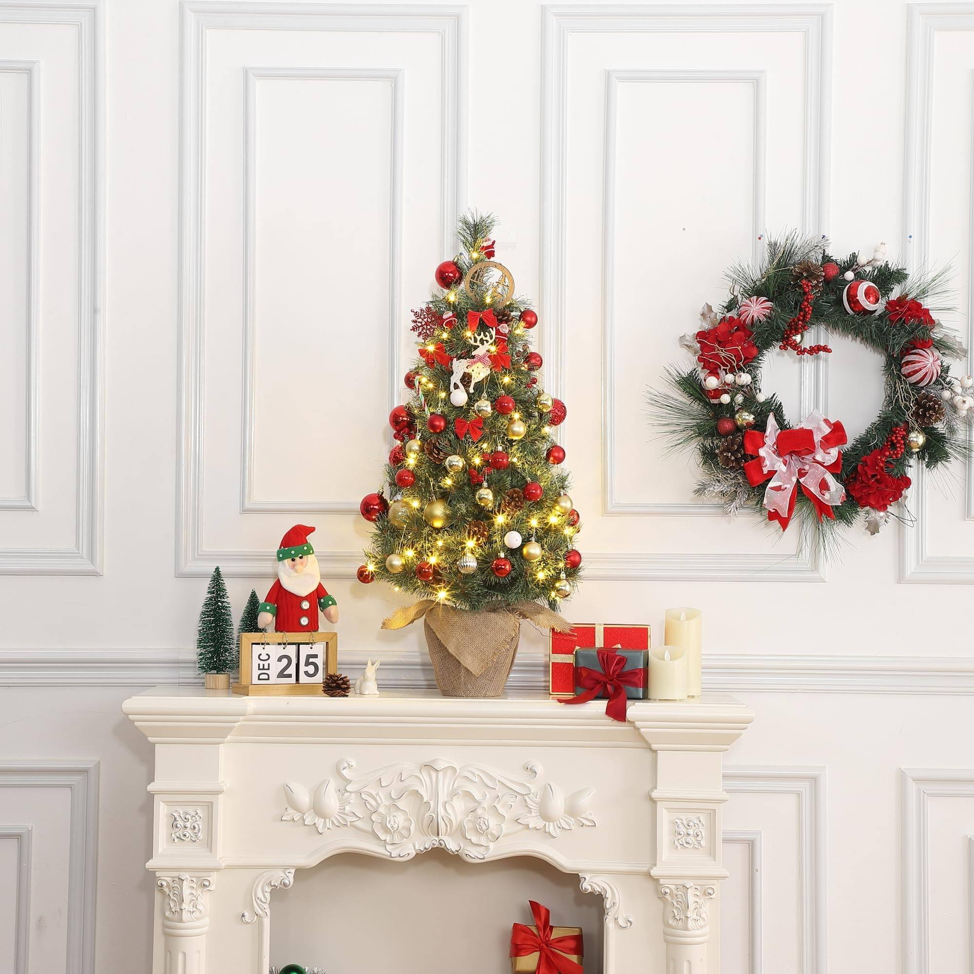 Back. Qeetex - 3 Ft Pre-Lit Artificial Small Christmas Tree with 78 Warm White Lights,Burlap Base,Christmas Decoration for Home-2Pcs - Green.