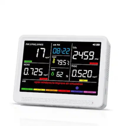 PM1.0 PM2.5 PM10: 17 mg/m³
AM PM: 08:22
TEMP: 79.5°C
CO2: 2459 PPM
HCHO: 0.725 mg/m³
TVOC: 0.520 mg/m³
HUMI: 62%
AQI: POOR
open windows to improve air circulation
0~50
51~100
101~150
151~200
201~300
301~500