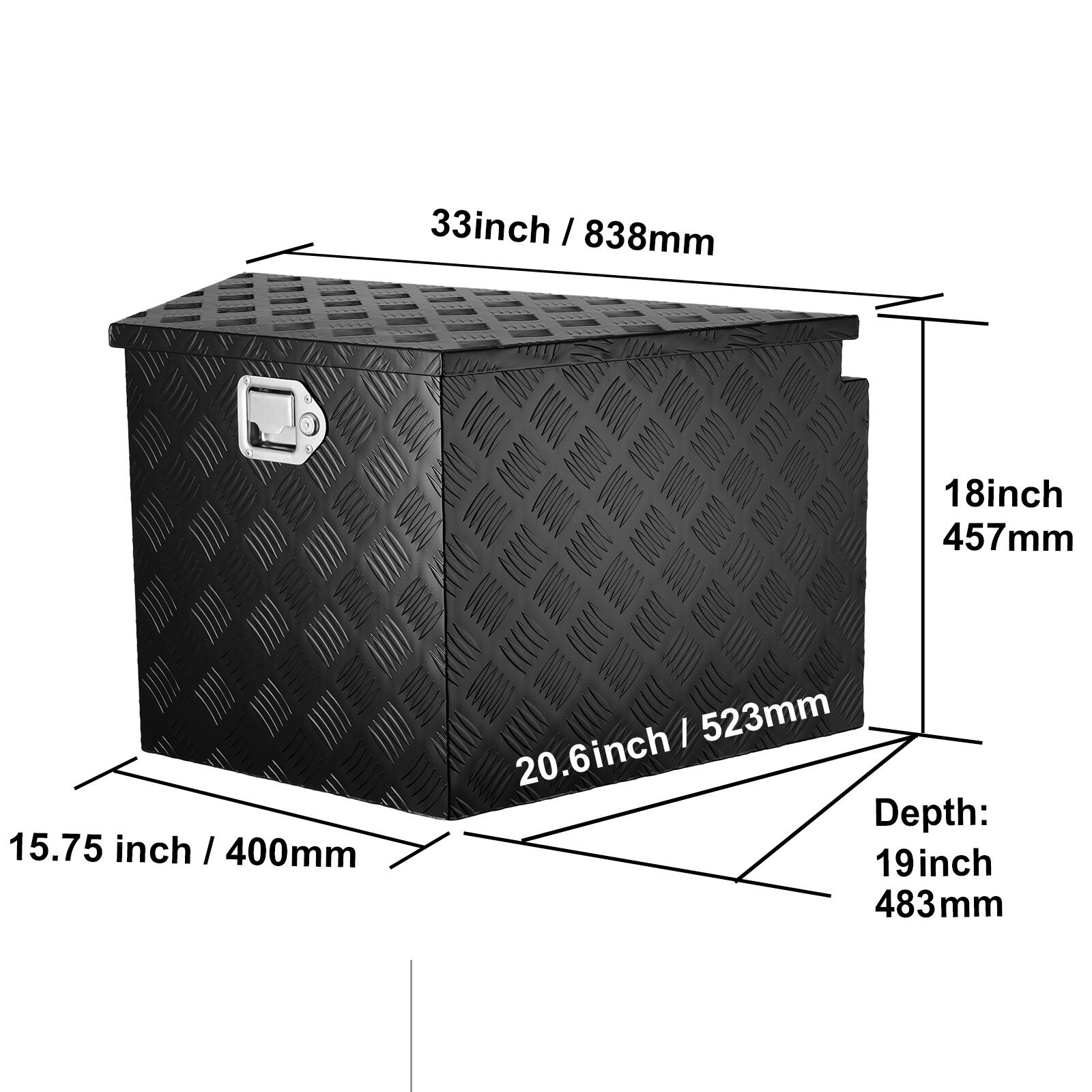 33 inch / 838 mm  
18 inch / 457 mm  
15.75 inch / 400 mm  
20.6 inch / 523 mm  
Depth: 19 inch / 483 mm