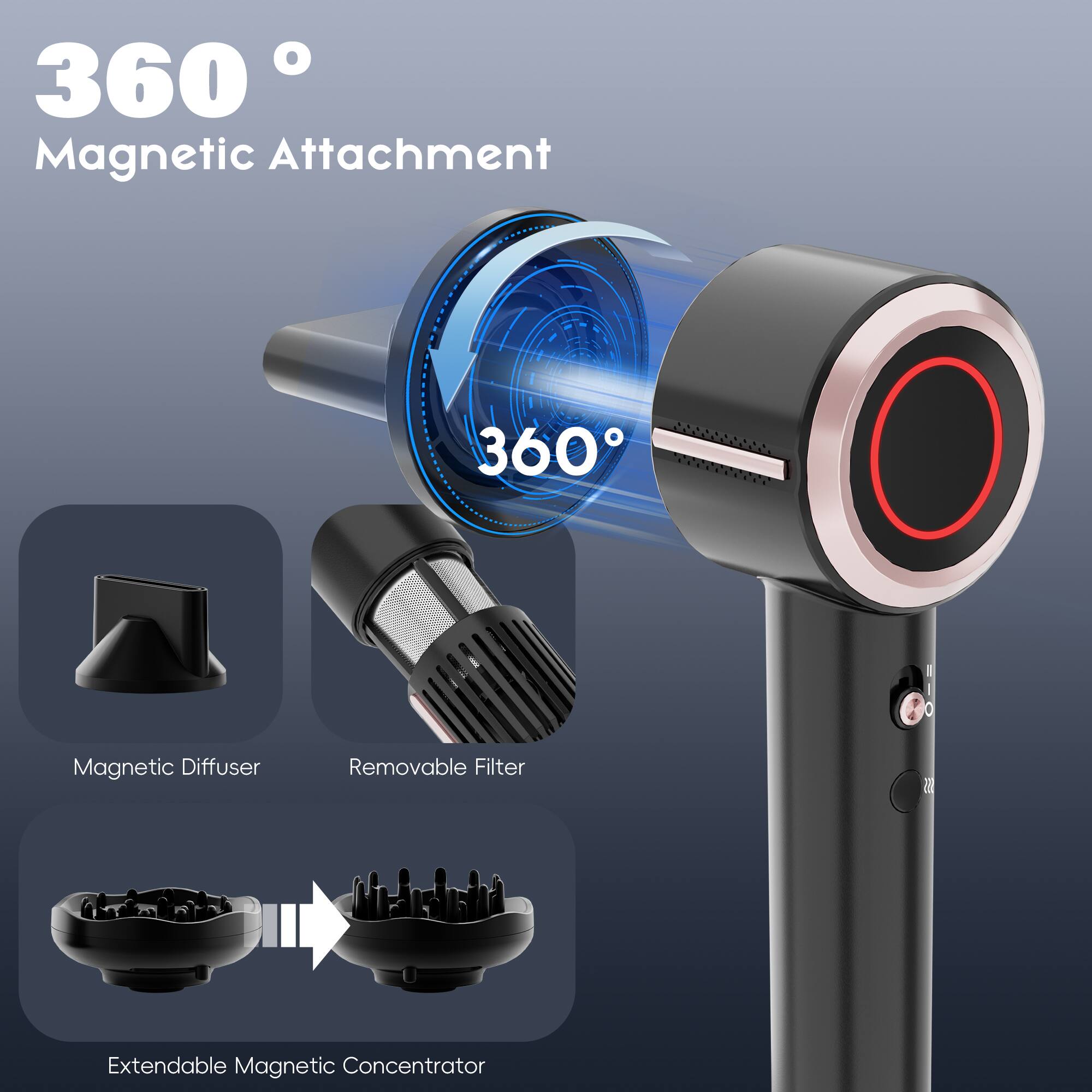 360° Magnetic Attachment

- Magnetic Diffuser
- Removable Filter
- Extendable Magnetic Concentrator