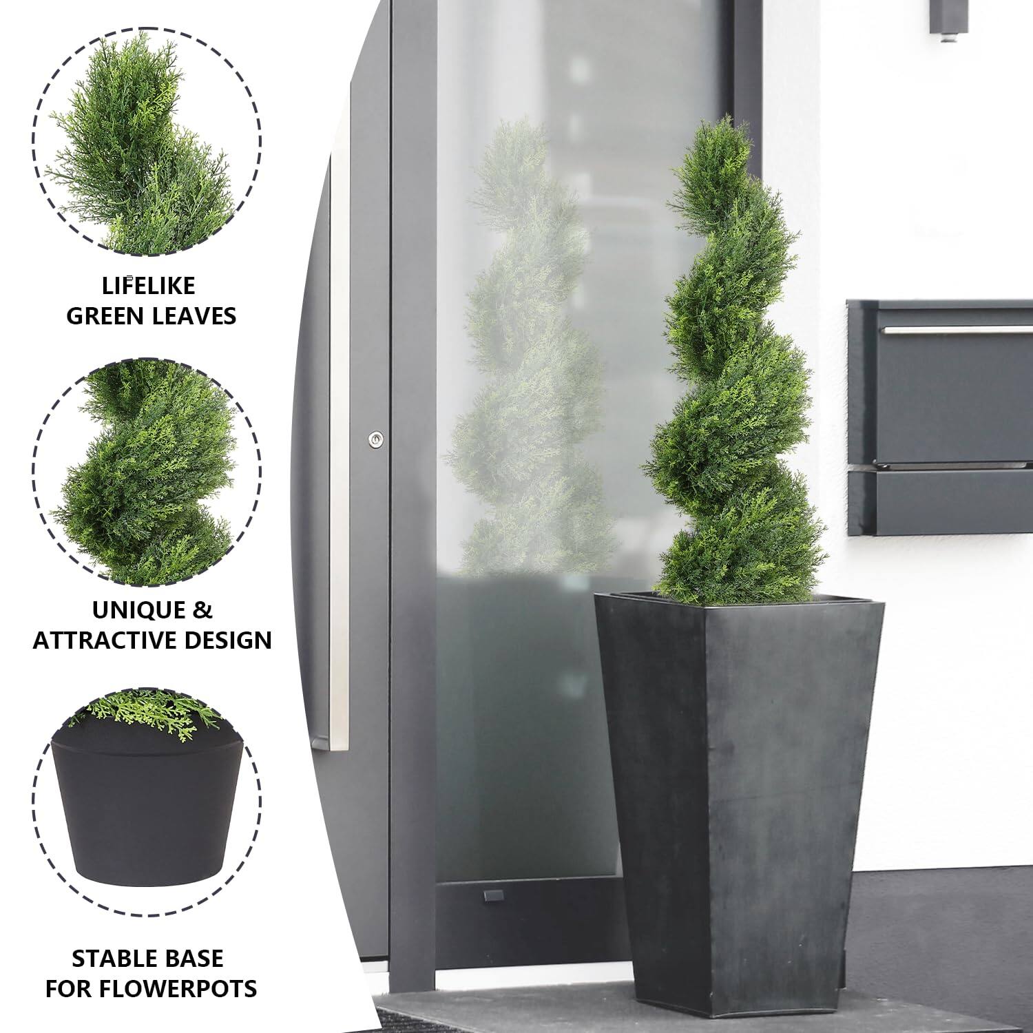 LIFELIKE GREEN LEAVES  
UNIQUE & ATTRACTIVE DESIGN  
STABLE BASE FOR FLOWER POTS