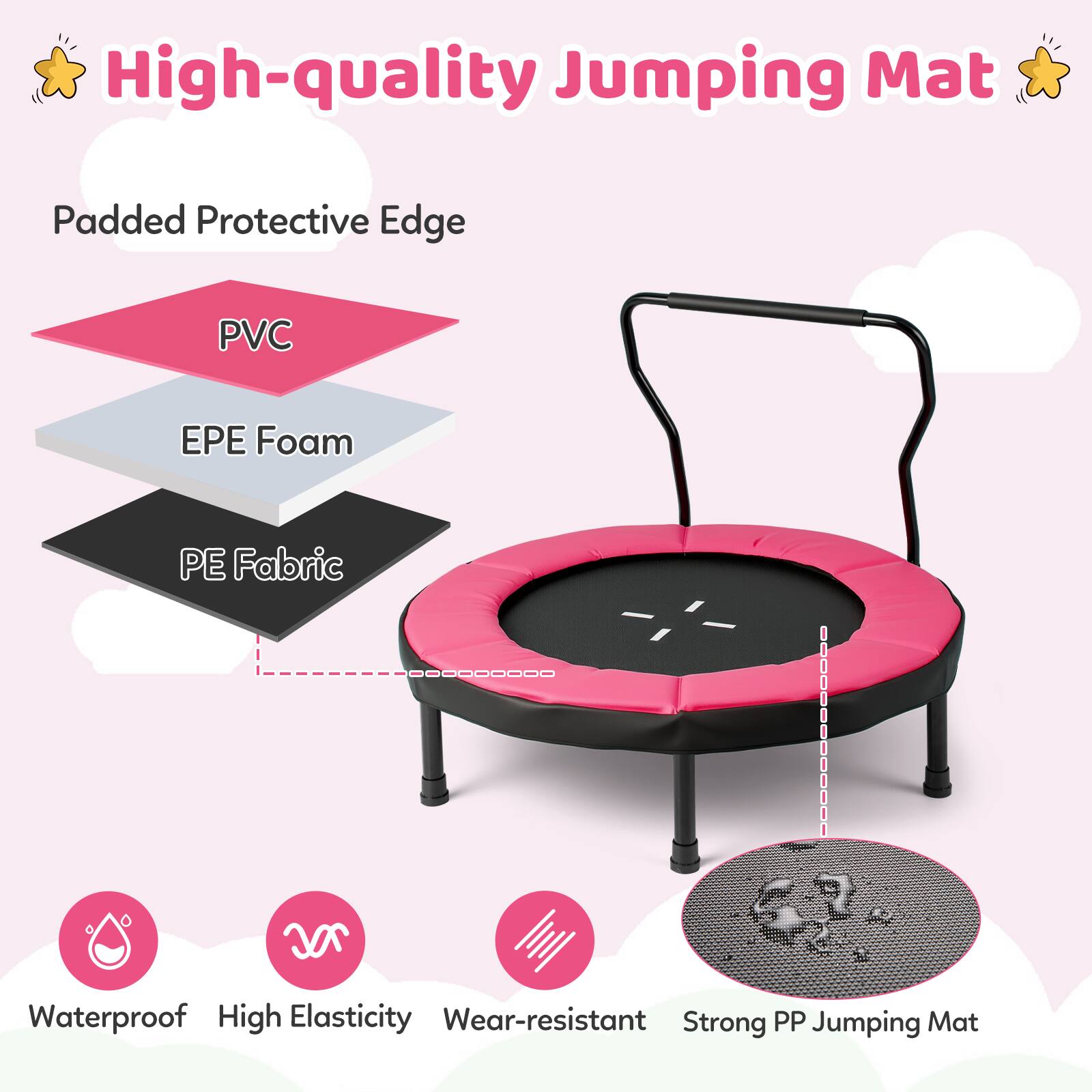 High-quality Jumping Mat

- Padded Protective Edge
- PVC
- EPE Foam
- PE Fabric

Features:
- Waterproof
- High Elasticity
- Wear-resistant
- Strong PP Jumping Mat