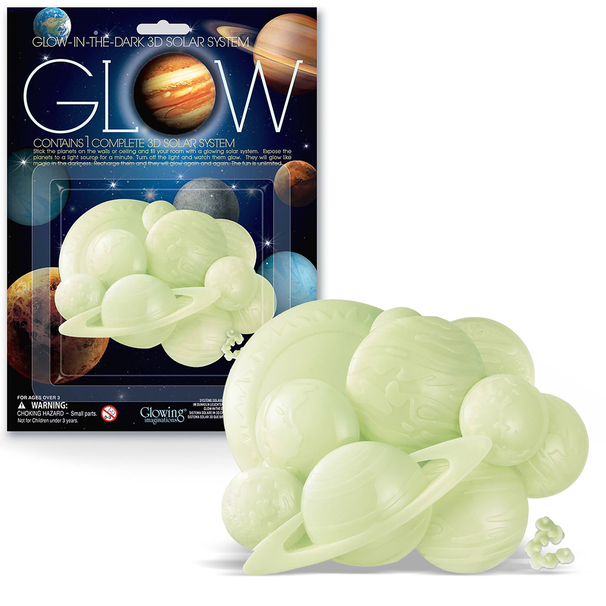 Glow-in-the-Dark Glow 3D Solar System GIW - Contains 1 Complete 3D Solar System. Stick the planets on walls or ceiling and watch them glow in the dark. Glowing ador system. Poses the planets on a foam solar system. Glows in the dark. Choking hazard - small parts. Not for children under 3 years.