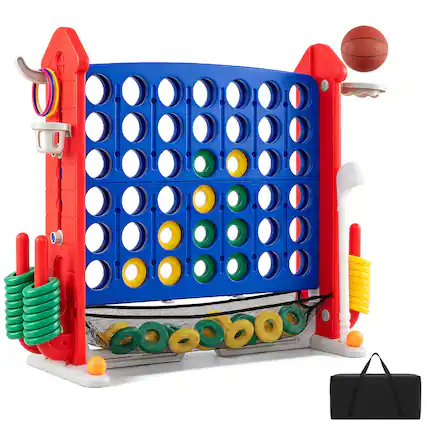 Front. Costway - Costway 4 in a Row Connect Game with Mesh Net, Carrying Bag, Height Adjustable, Ring Toss - Blue+Red.
