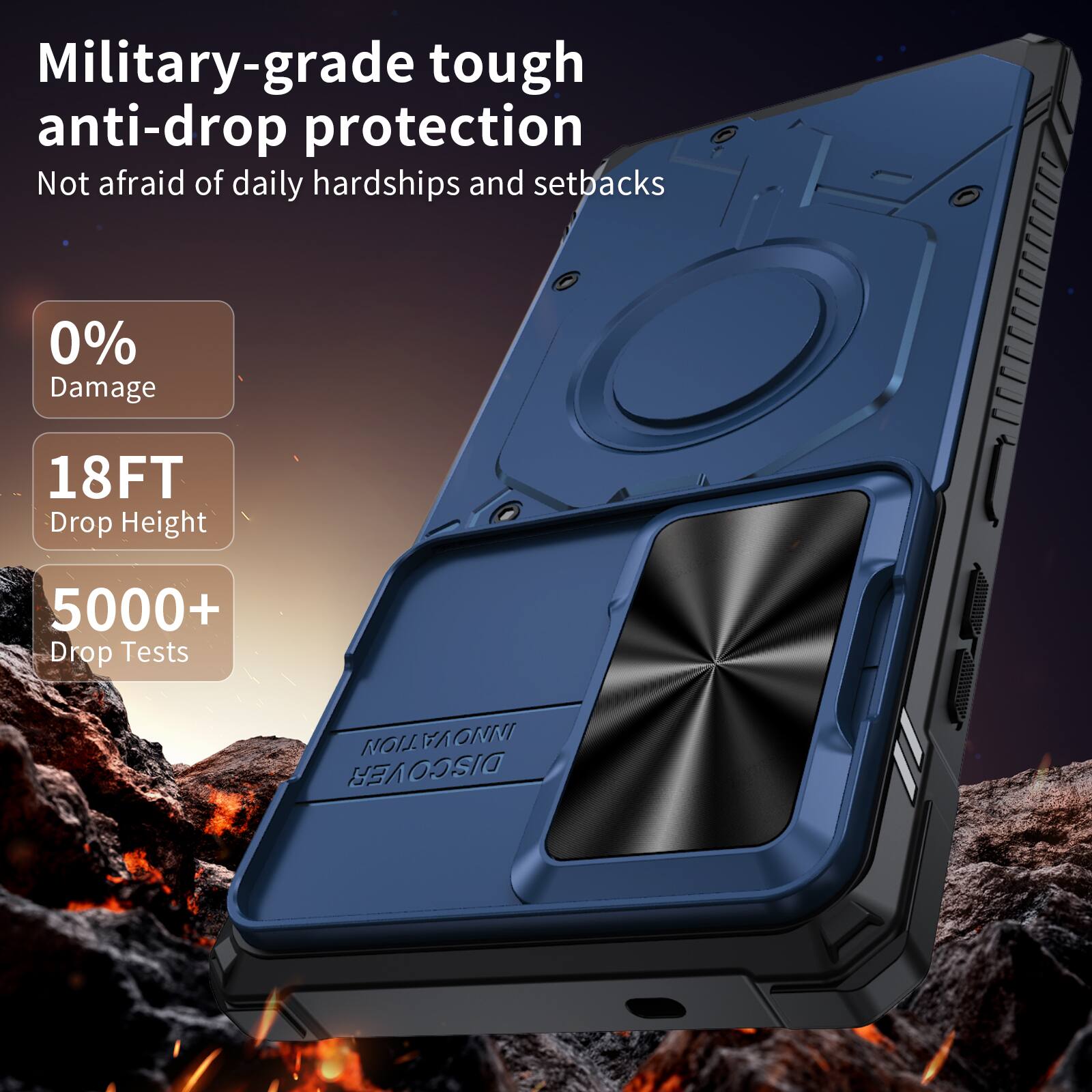 Military-grade tough anti-drop protection  
Not afraid of daily hardships and setbacks  

0% Damage  
18FT Drop Height  
5000+ Drop Tests  

LION TAVONNI DISCOVER