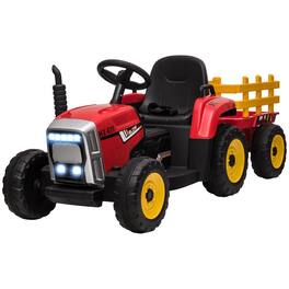 BreeBe - Aosom 12V Kids Ride On Tractor w/ Trailer, Dual Motors, Battery Powered, Remote Control, Music, Horn, LED Lights - Red