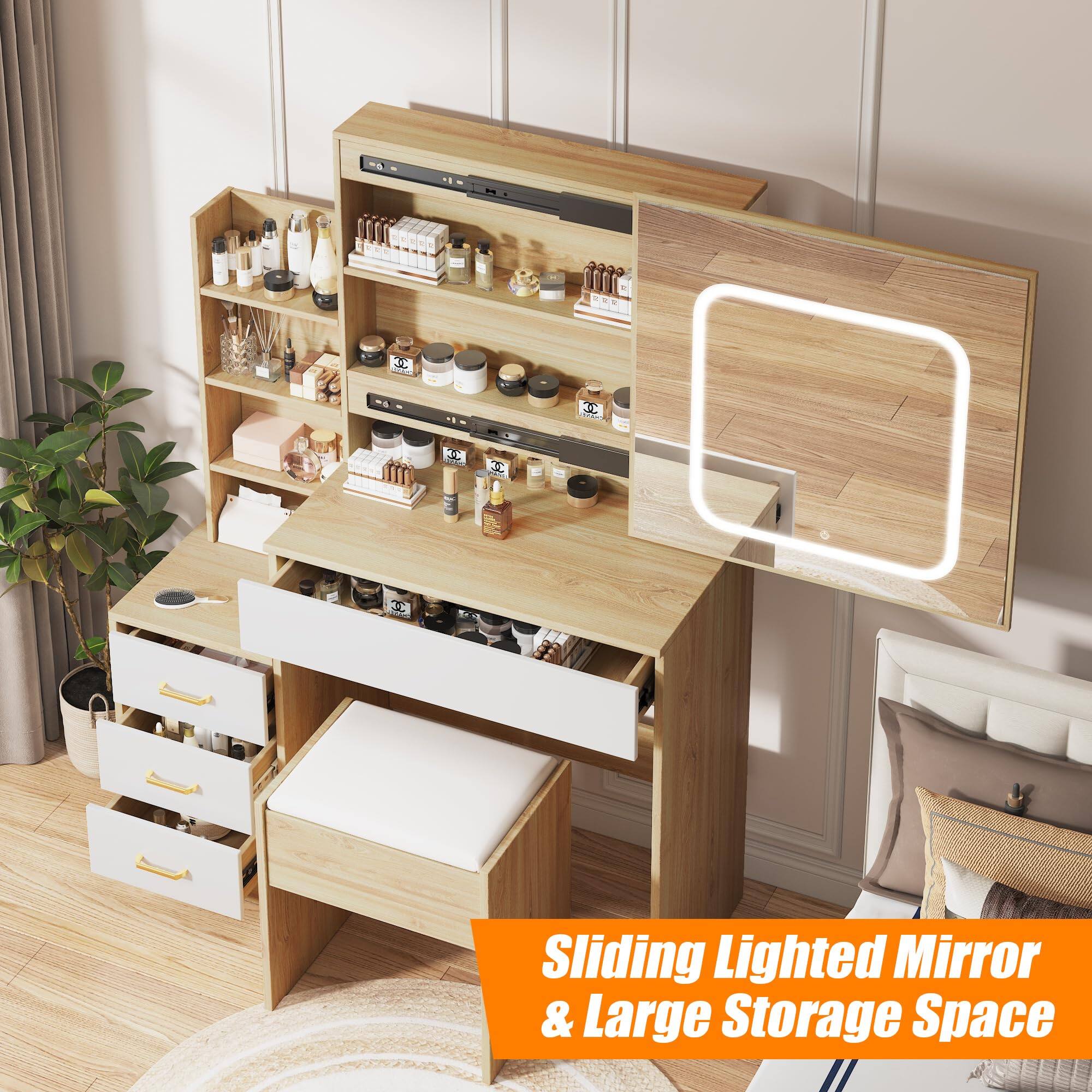 Sliding Lighted Mirror & Large Storage Space
