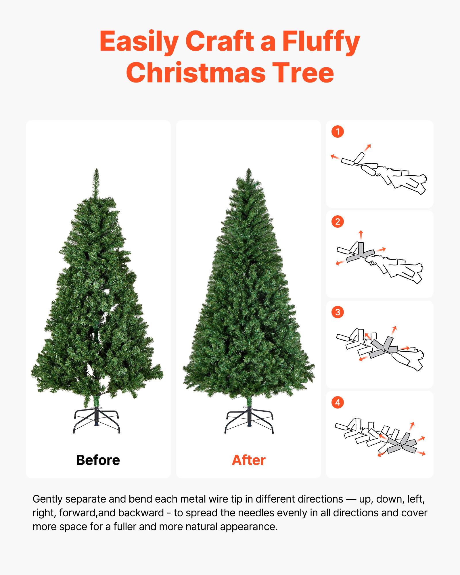 Easily Craft a Fluffy Christmas Tree

Before After

Gently separate and bend each metal wire tip in different directions — up, down, left, right, forward, and backward — to spread the needles evenly in all directions and cover more space for a fuller and more natural appearance.