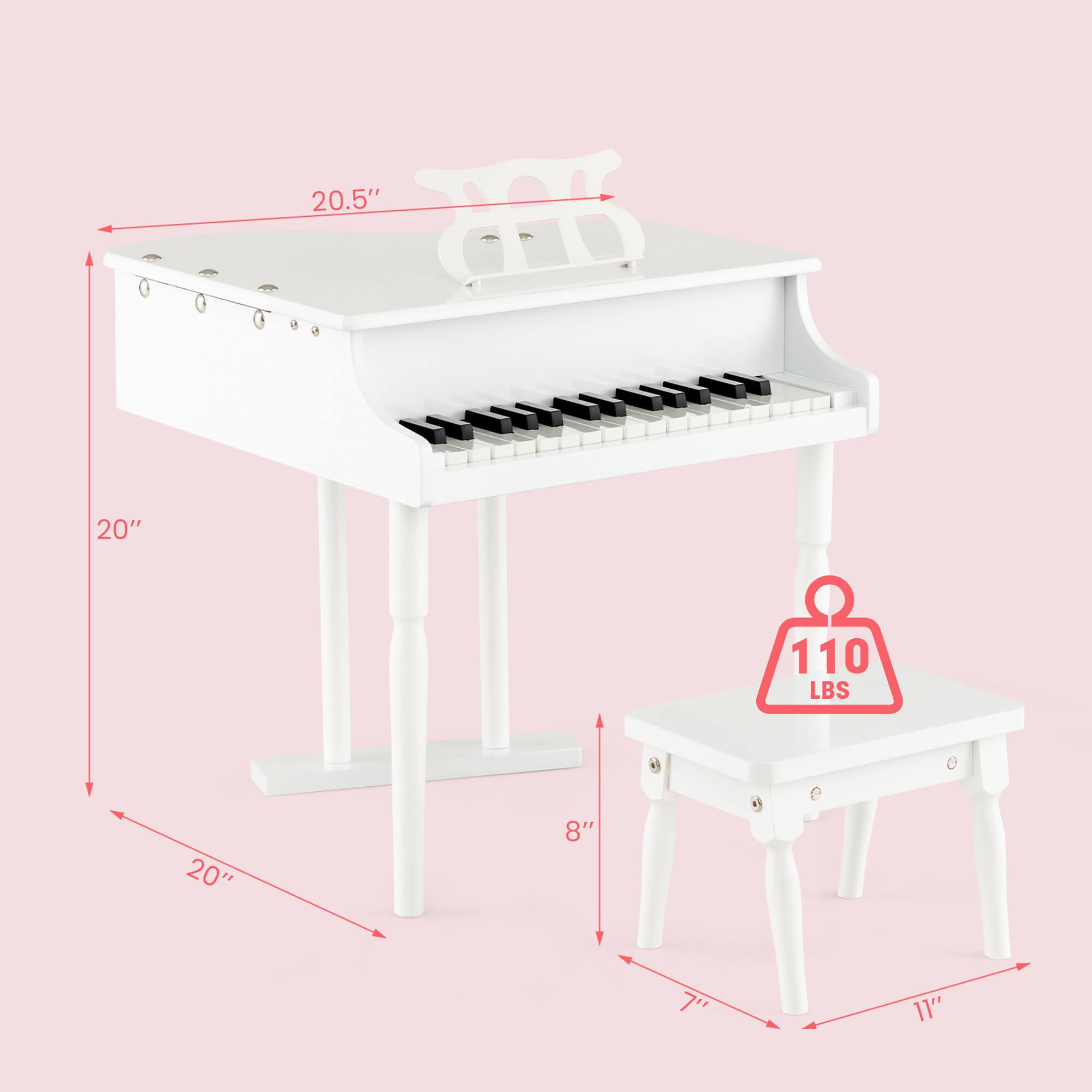 The text on the image reads: 20.5" 20" 110 LBS 20" 8" 7" 11". This information suggests that the piano is 20.5 inches in height, with a width of 20 inches. The piano weighs 110 pounds, and it has a depth of 8 inches and a height of 7 inches.