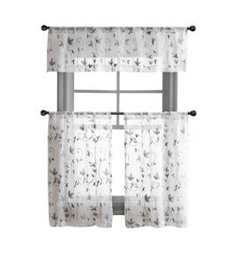 Kate Aurora - Floral Embroidered Sheer Rod Pocket Kitchen Curtain Tier & Valance Set - 58 in. W x 15 in. L - Gray