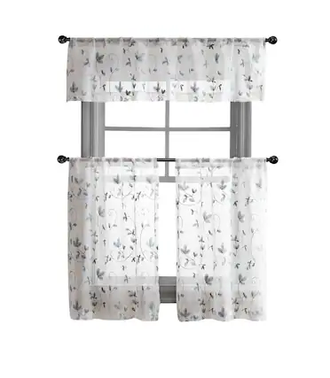Front. Kate Aurora - Kate Aurora Floral Embroidered Sheer Rod Pocket Kitchen Curtain Tier & Valance Set - 58 in. W x 15 in. L, Gray - Gray.