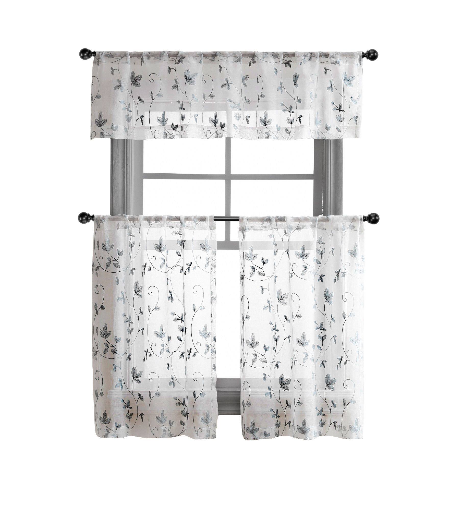 Front. Kate Aurora - Kate Aurora Floral Embroidered Sheer Rod Pocket Kitchen Curtain Tier & Valance Set - 58 in. W x 15 in. L, Gray - Gray.
