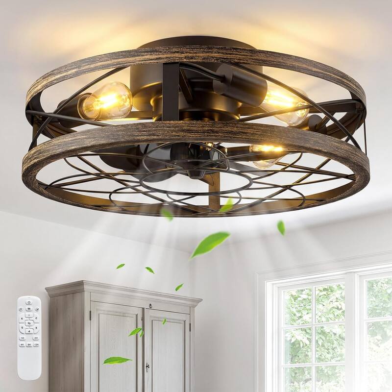 Akofun - 20" IP65 Waterproof Fan Light, Remote Plug-in, Quiet DC Motor,1200LM Dimmable 3000-6500K Outdoor Patio Use - Black&Walnut