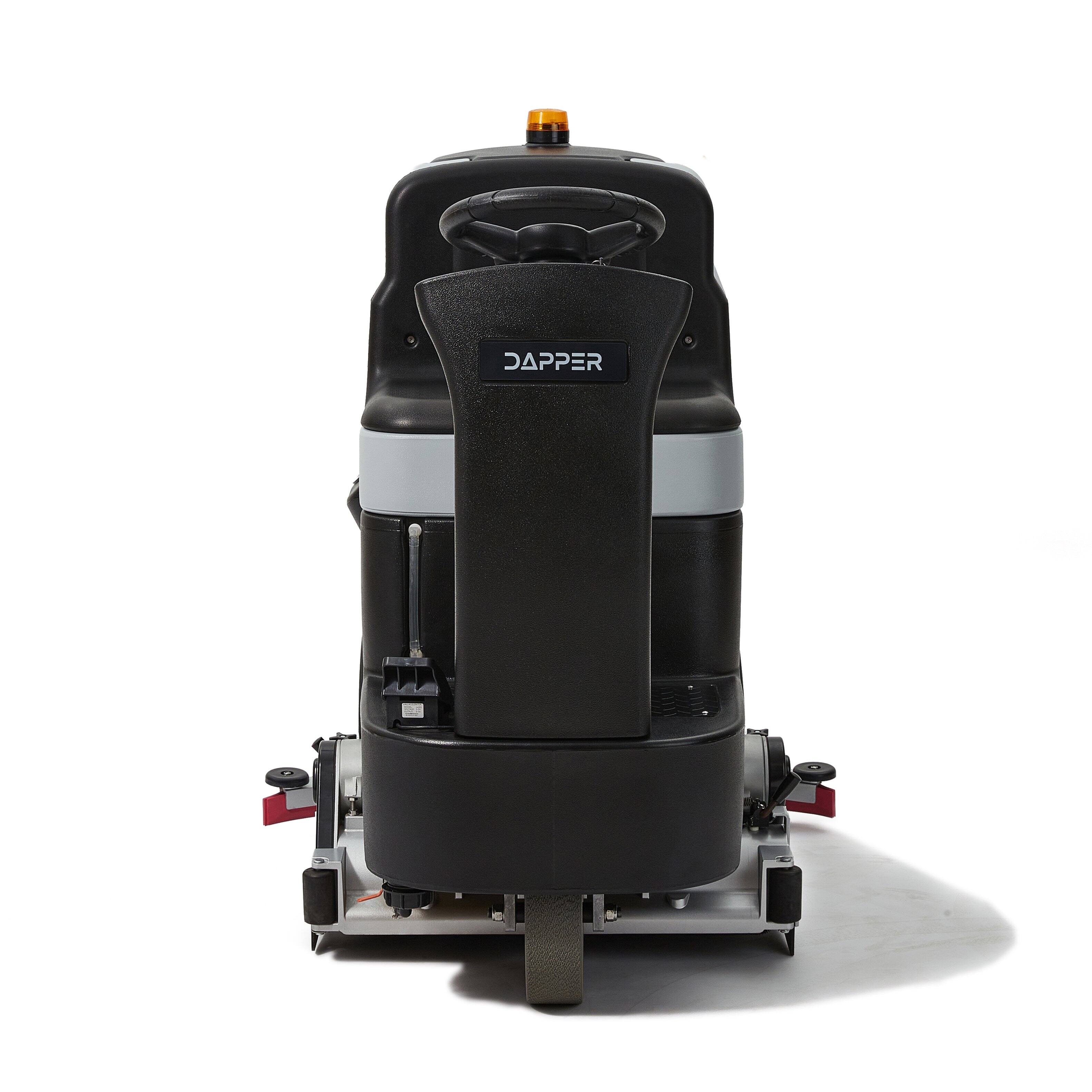 Angle. Dapper Supply - Commercial Ride On Floor Sweeper Scrubber 25.5in Path 24V Battery 2-in-1 Sweep & Scrub Machine - Grey.