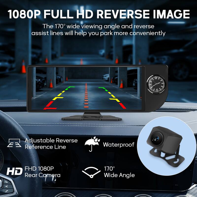 1080P FULL HD REVERSE IMAGE

The 170° wide viewing angle and reverse assist lines will help you park more conveniently

- Adjustable Reverse Reference Line
- FHD 1080P Rear Camera
- Waterproof
- 170° Wide Angle