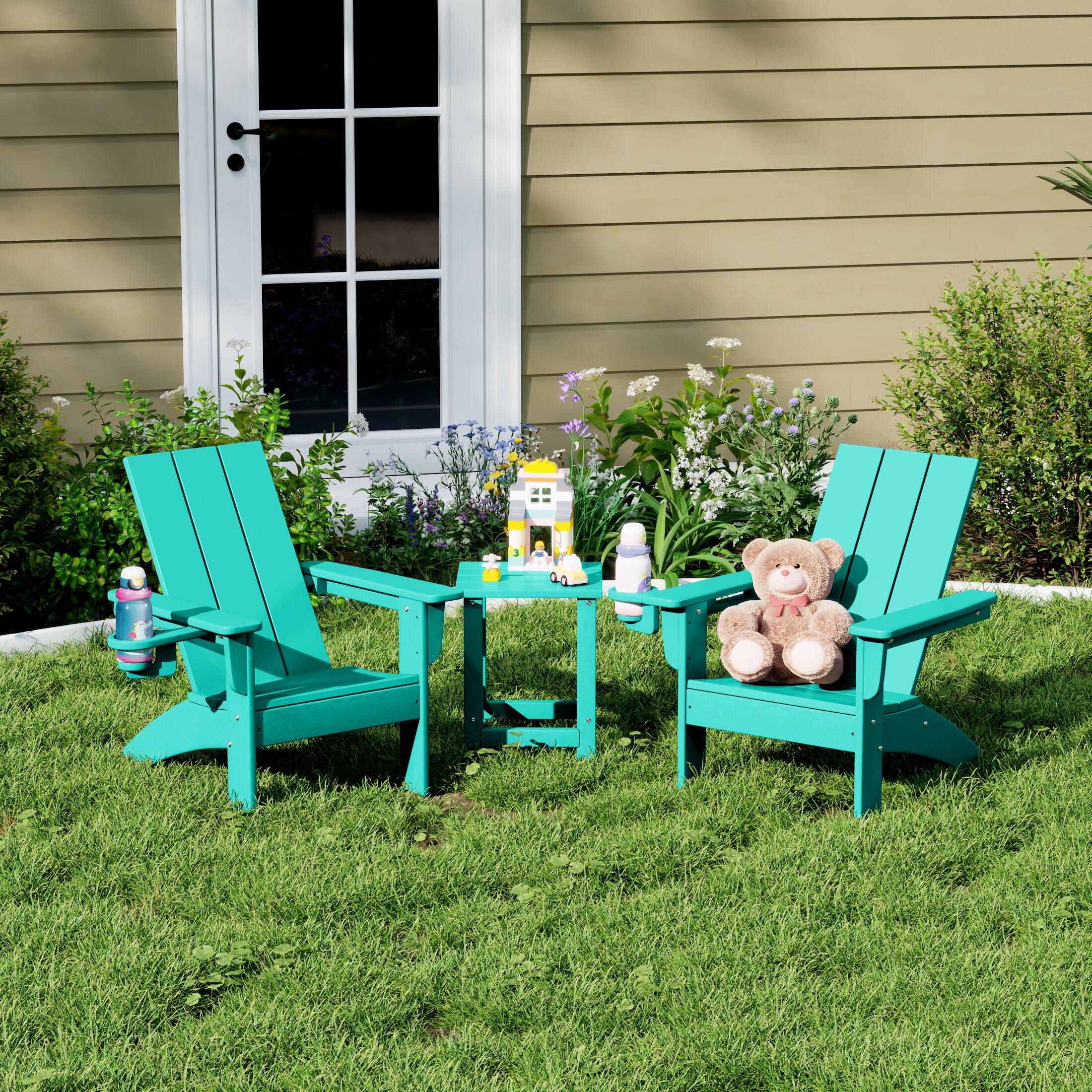 Angle. WestinTrends - WestinTrends Ashore 3-Piece Kids HDPE Modern Adirondack Chairs Set with Square Side Table and Cup Holders - Turquoise.
