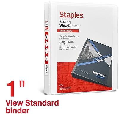 Staples  
3-Ring View Binder  
Standard Duty  

The perfect binder for your everyday needs  
2 tabs for easy open and close  
D-Rings keep pages flat and fits more  

1" View Standard binder  

QUARTERLY REPORT  

View Standard binder