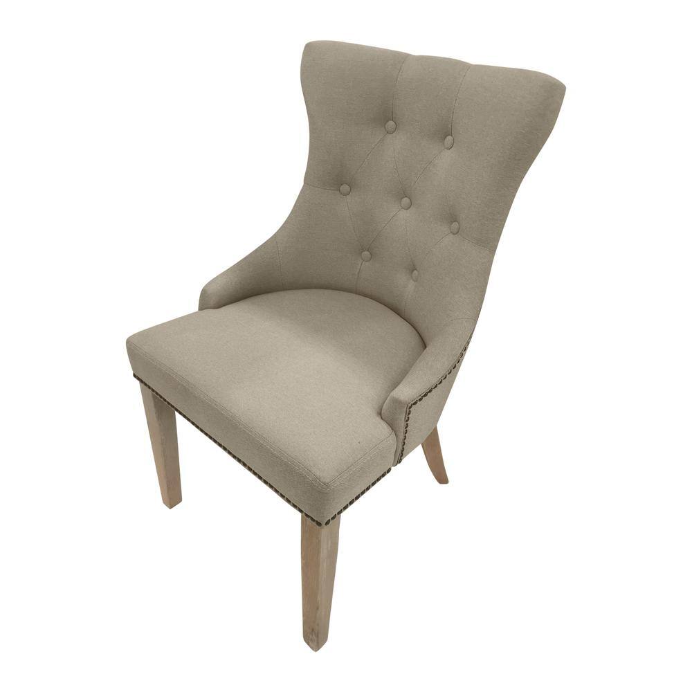 Front. Carolina Chair & Table - Tufted Back Upholstered Chair - Set of 2 - Natural Driftwood - Linen Upholstery - Brown.