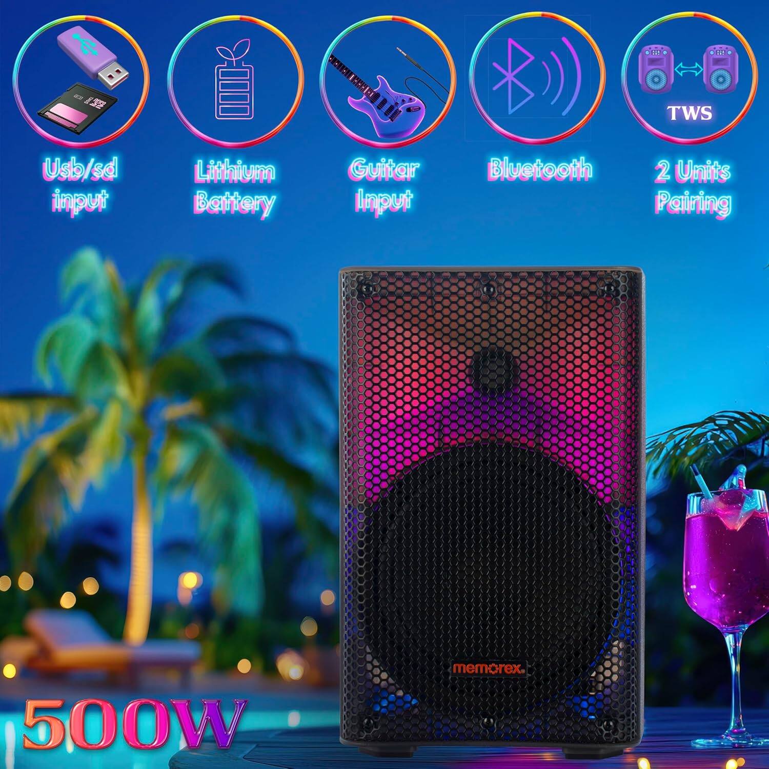 a. 159 Usb/sd input CNCH Lithium Guitar Battery Input Bluetooth TWS 2 Units Pairing 500W memorex.