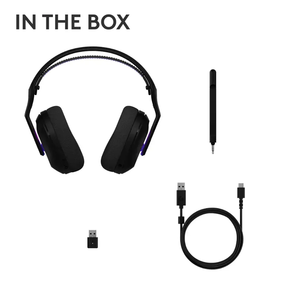 In the box: G522 headphones, USB cable, and pen.