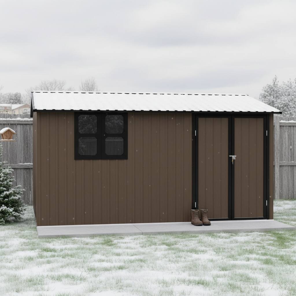 Alt View 2. Loheer - Loheer 12x10 ft Brown Metal Outdoor Storage Shed with Window Shelves and Hinged Door.