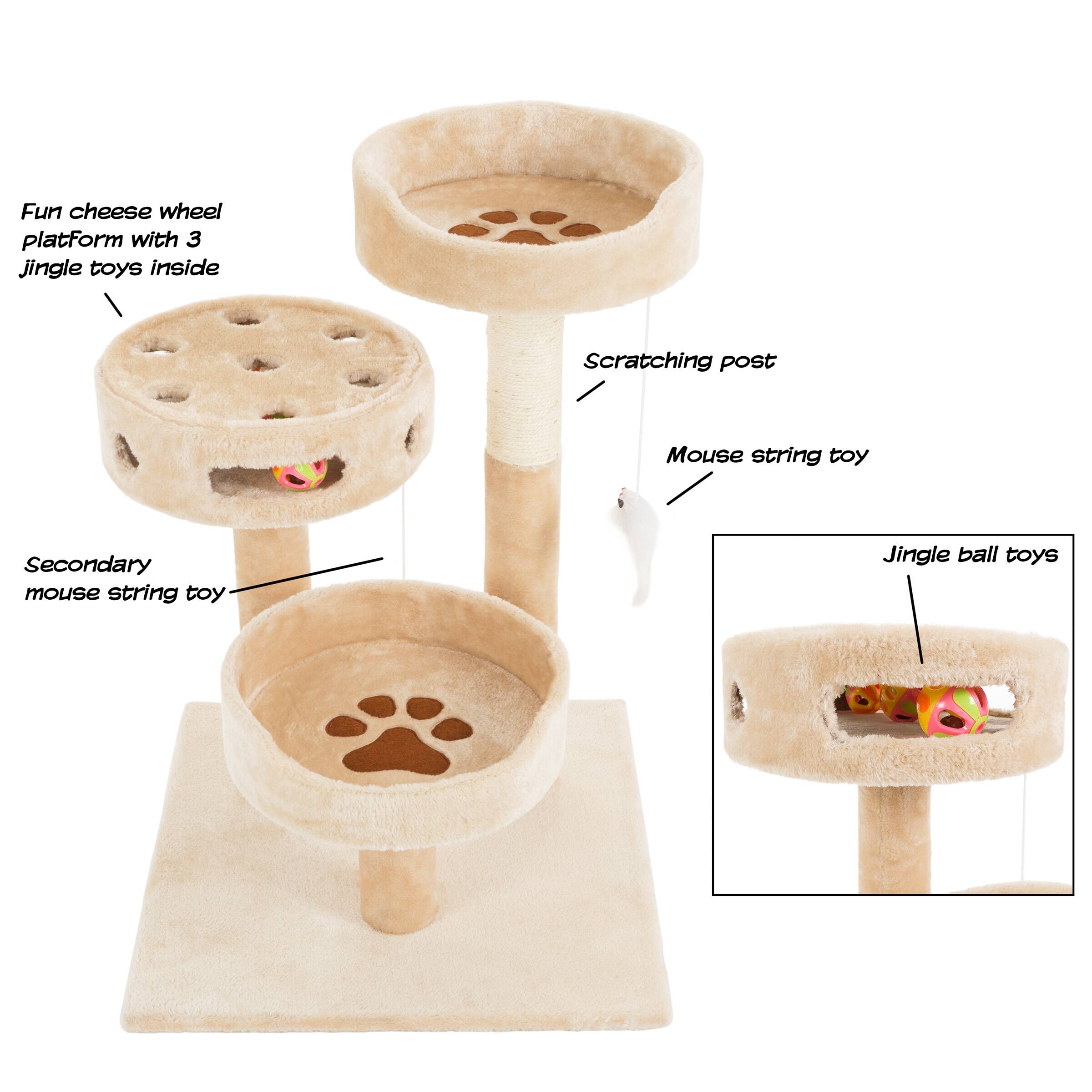 Fun cheese wheel platform with 3 jingle toys inside  
Scratching post  
Mouse string toy  
Secondary mouse string toy  
Jingle ball toys